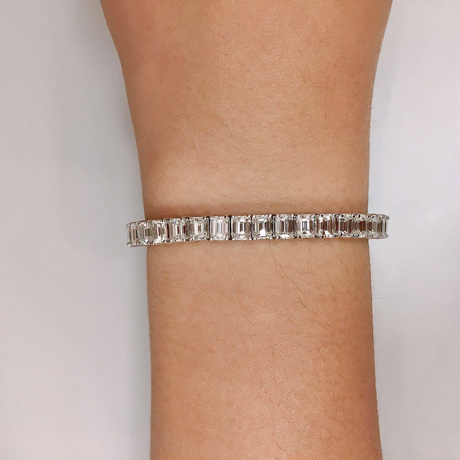 Approx. 14.00 carat total weight of perfectly cut emerald cut diamonds.The finest conflict free diamonds set in our unique endless diamond bracelet. (Standard length is about 7 inches however we can alter this bracelet to any size wrist). Can be