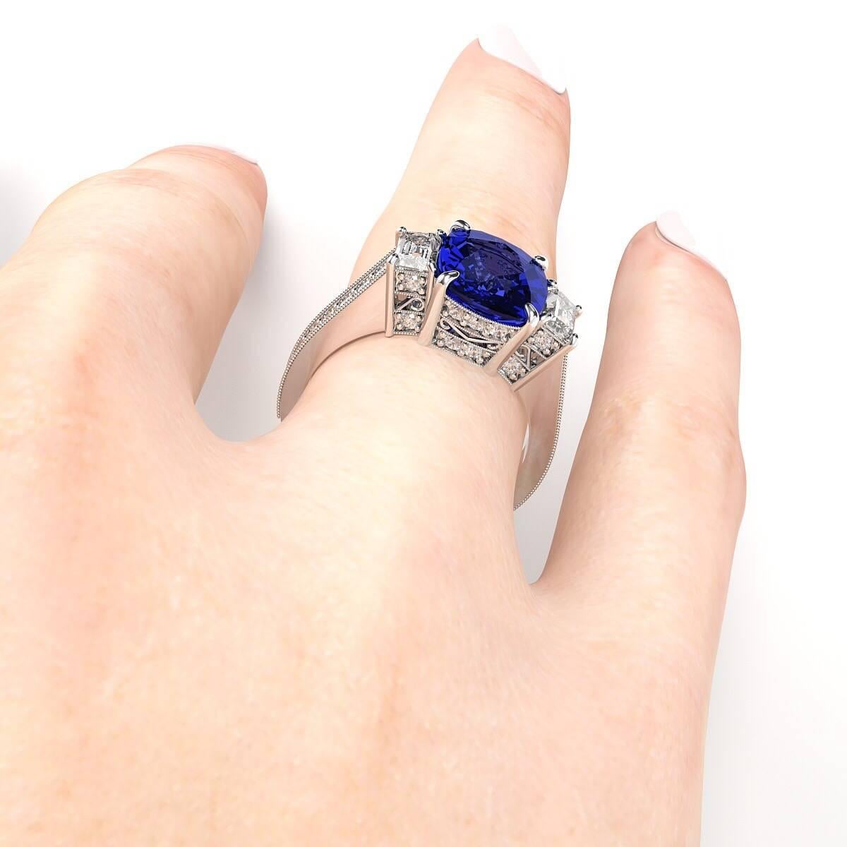 Emilio Jewelry 5.50 Carat Gem Quality Royal Blue Cushion Sapphire Diamond Ring 4