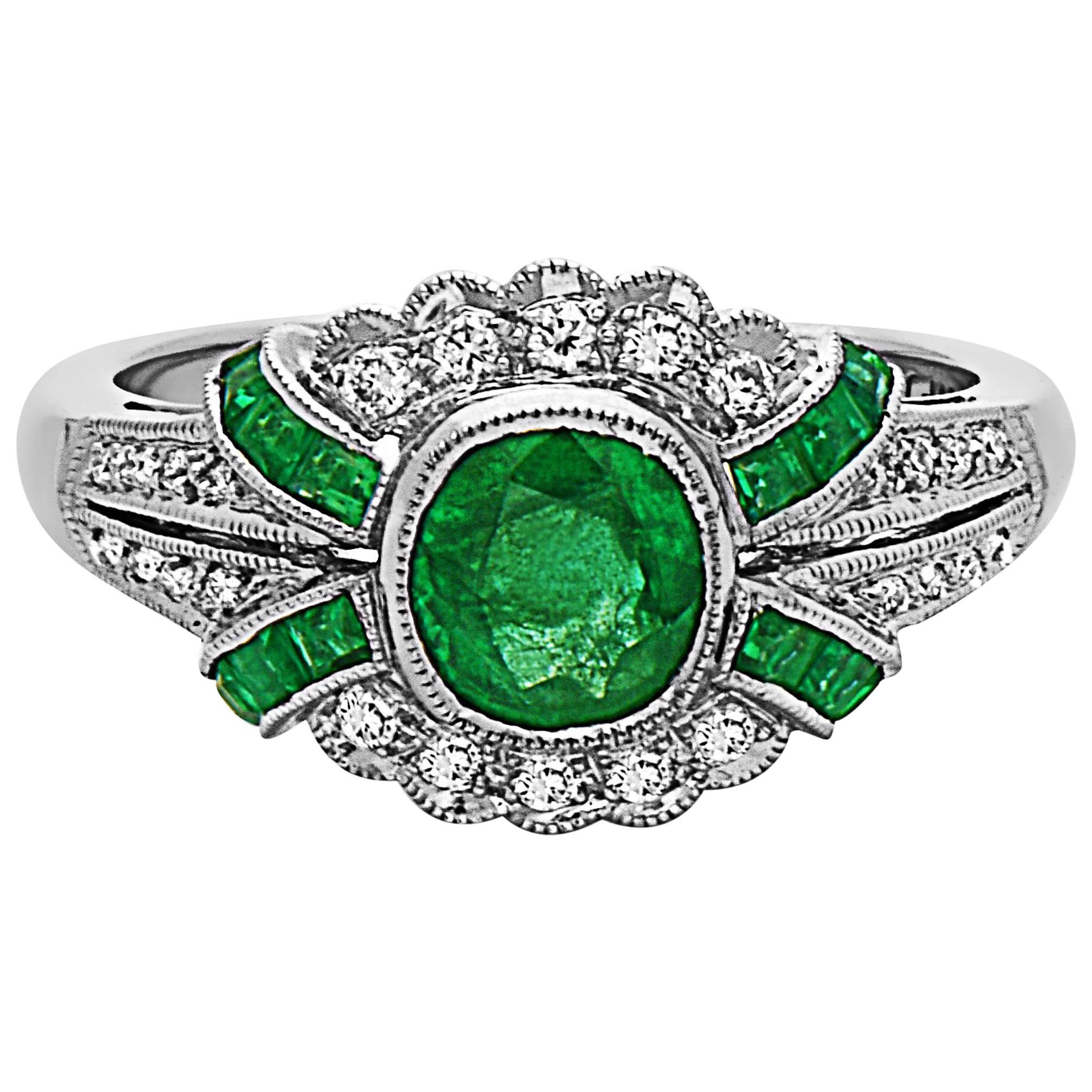 Emilio Jewelry Emerald Diamond Art Deco Style Ring