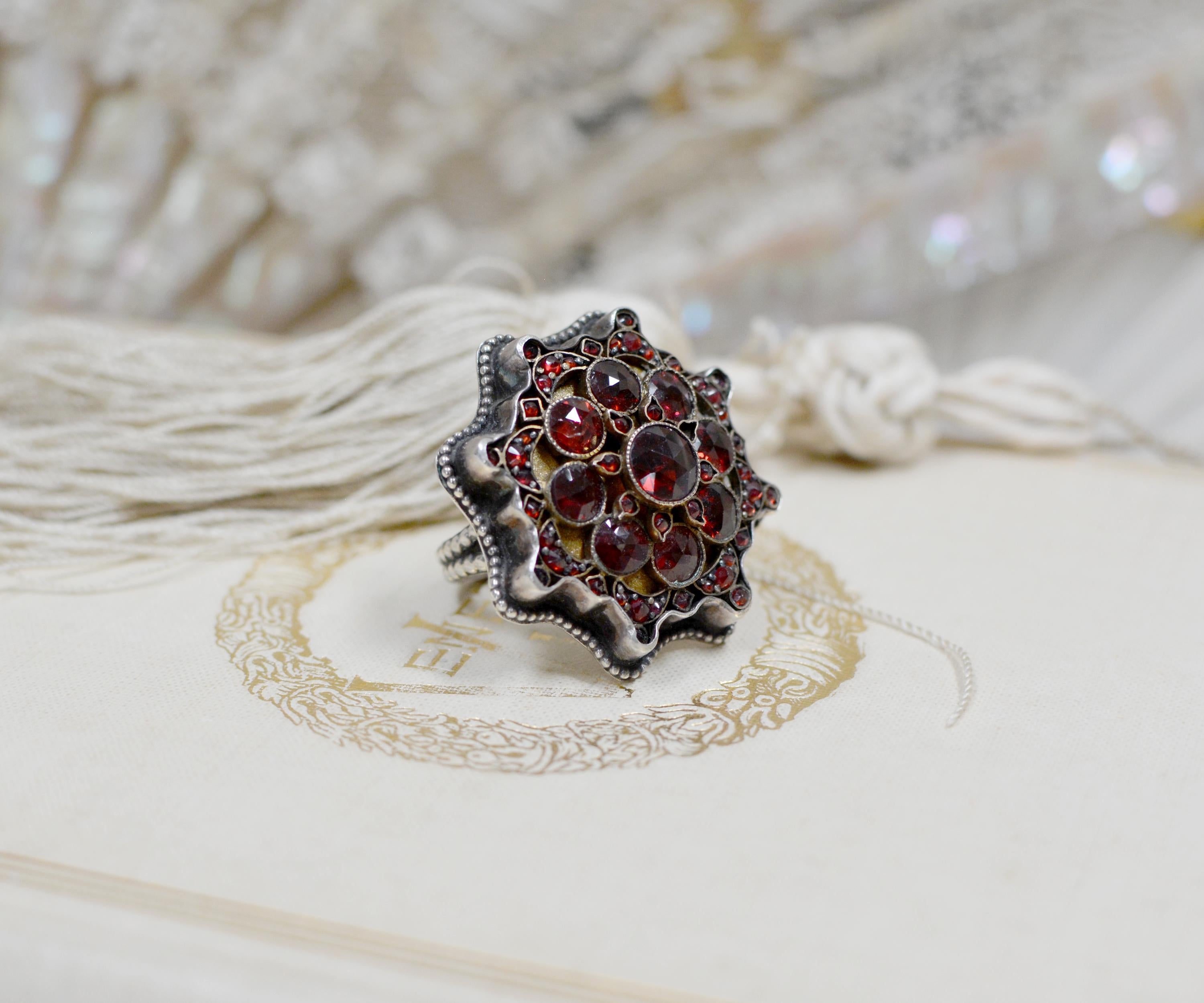Jill Garber Antique Victorian Style Rose Cut Bohemian Garnet Starburst Ring In Excellent Condition In Saginaw, MI