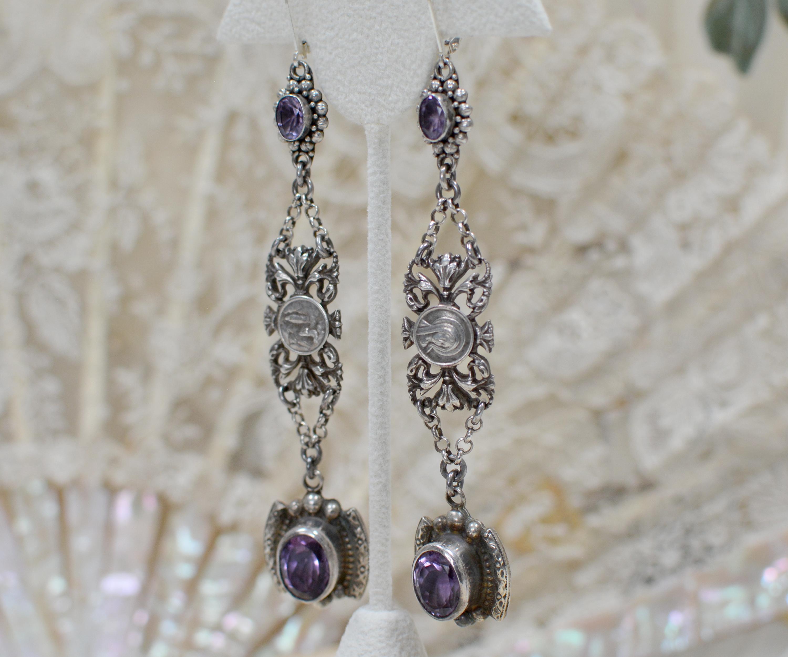 Rococo Jill Garber Amethyst Drop Earrings with Antique French Sacred Heart Medals