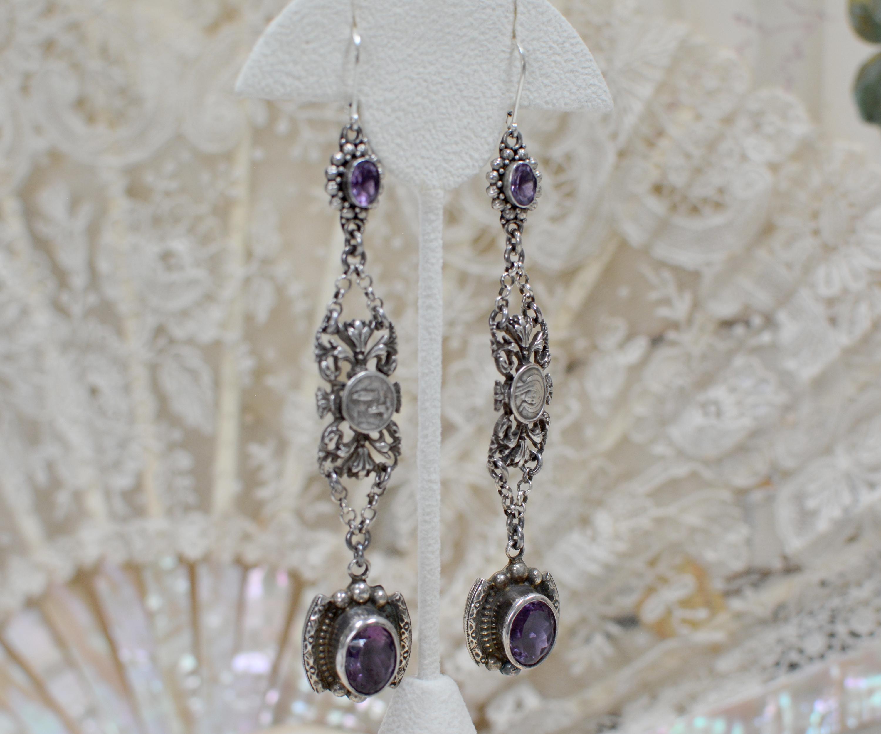 Women's or Men's Jill Garber Amethyst Drop Earrings with Antique French Sacred Heart Medals