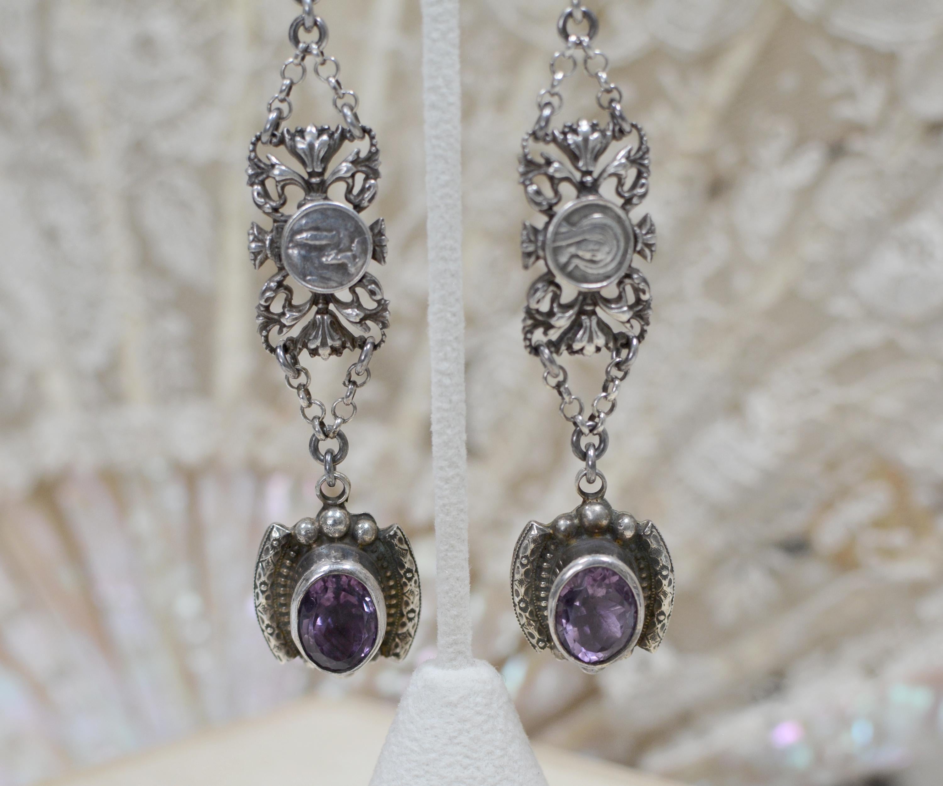 Jill Garber Amethyst Drop Earrings with Antique French Sacred Heart Medals 1