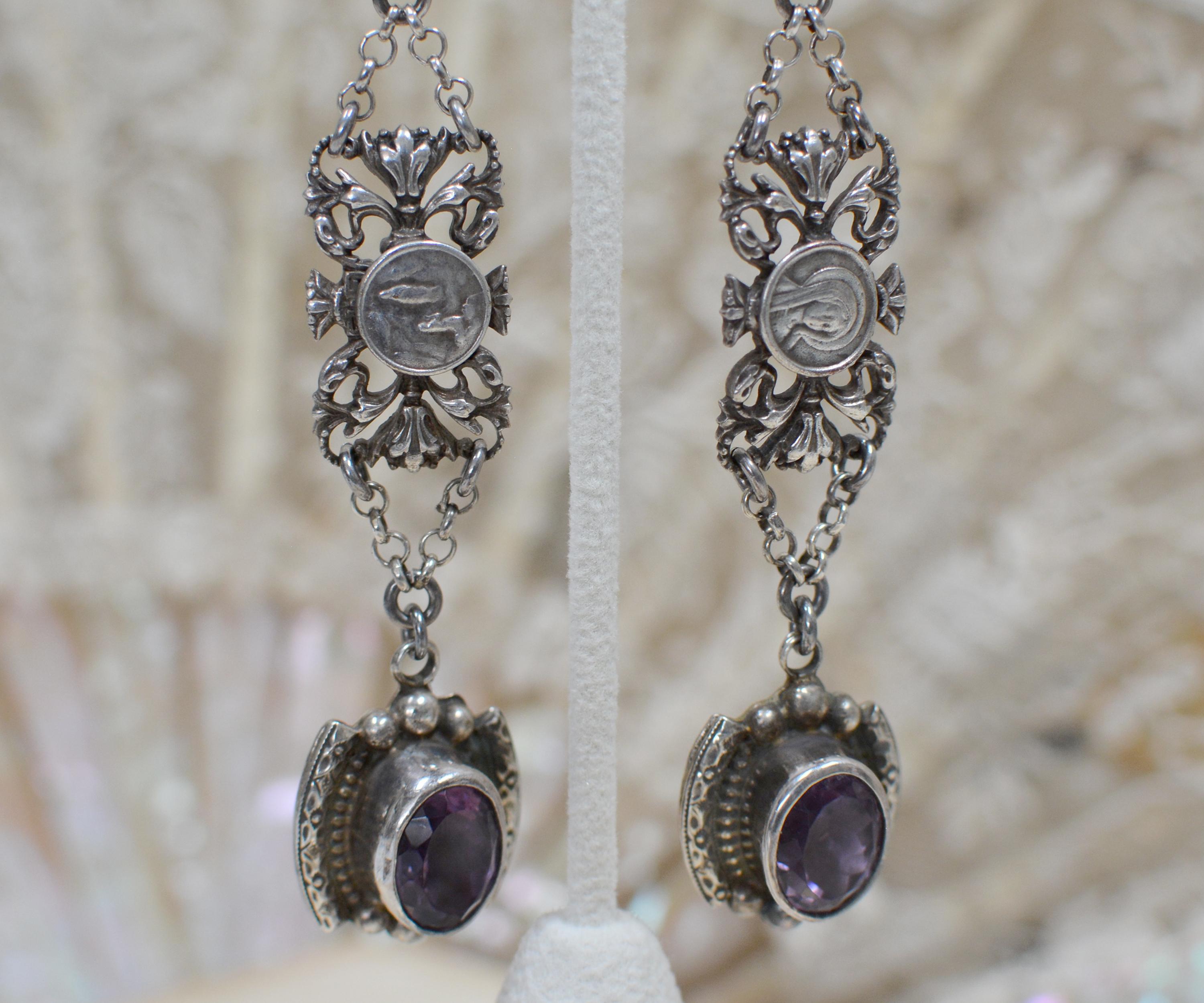 Jill Garber Amethyst Drop Earrings with Antique French Sacred Heart Medals 2