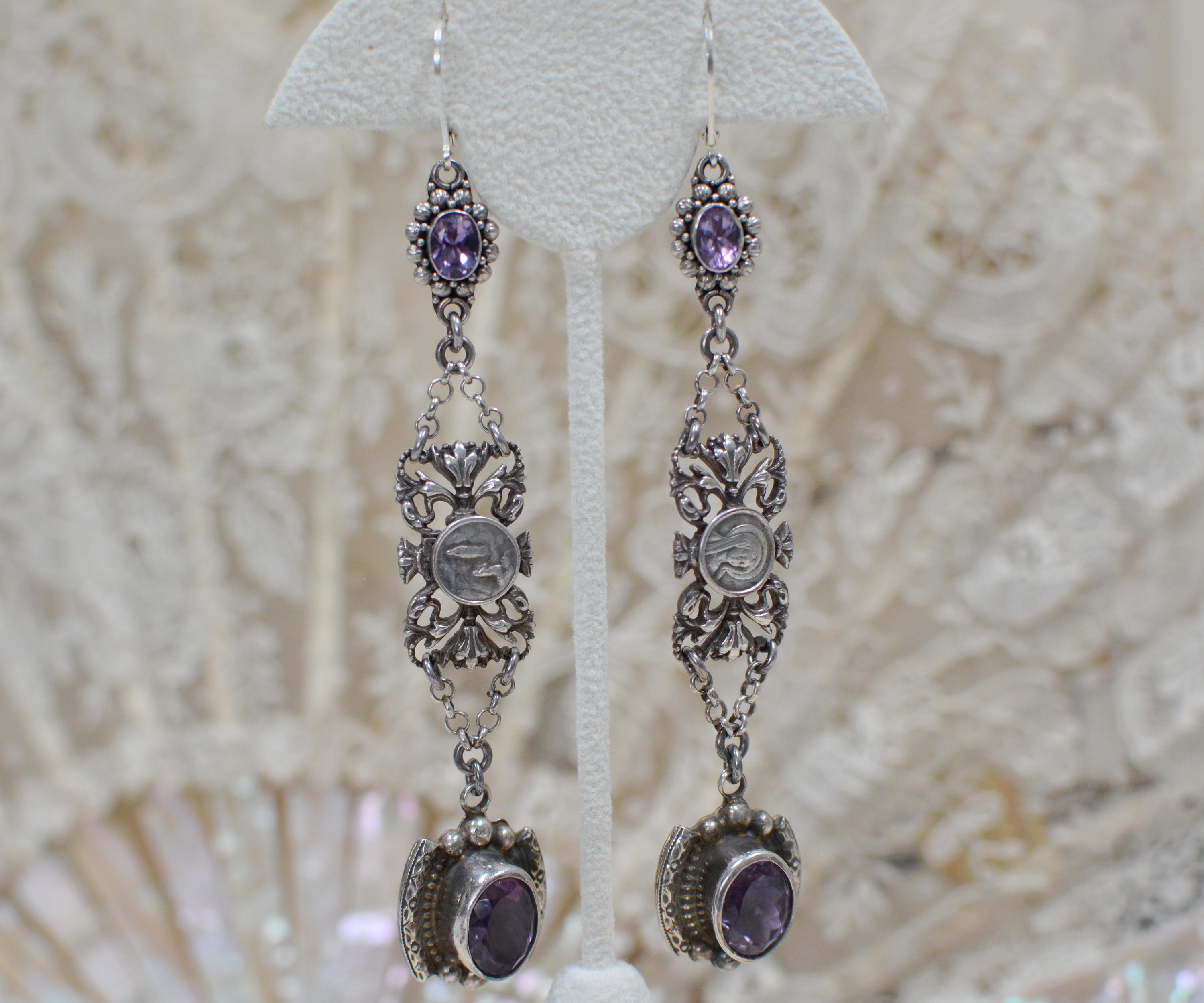 Jill Garber Amethyst Drop Earrings with Antique French Sacred Heart Medals 4