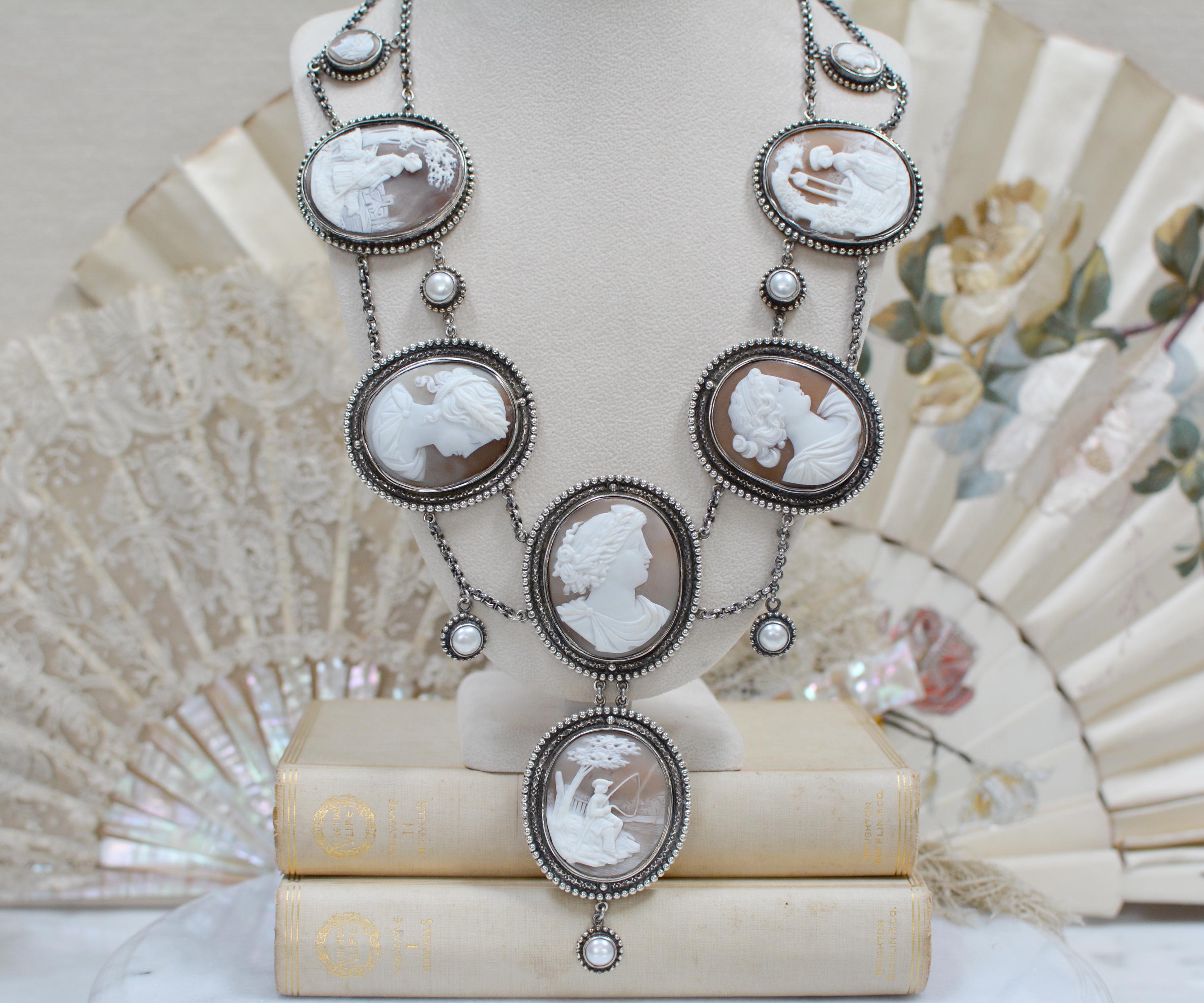 This divine legacy necklace designed in the Elizabethan style features a suite of six very fine antique nineteenth century shell Cameos. Created in Italy as a set for a wealthy patron - each of the large cameos measures 1.88 x 1.50. Four of the six