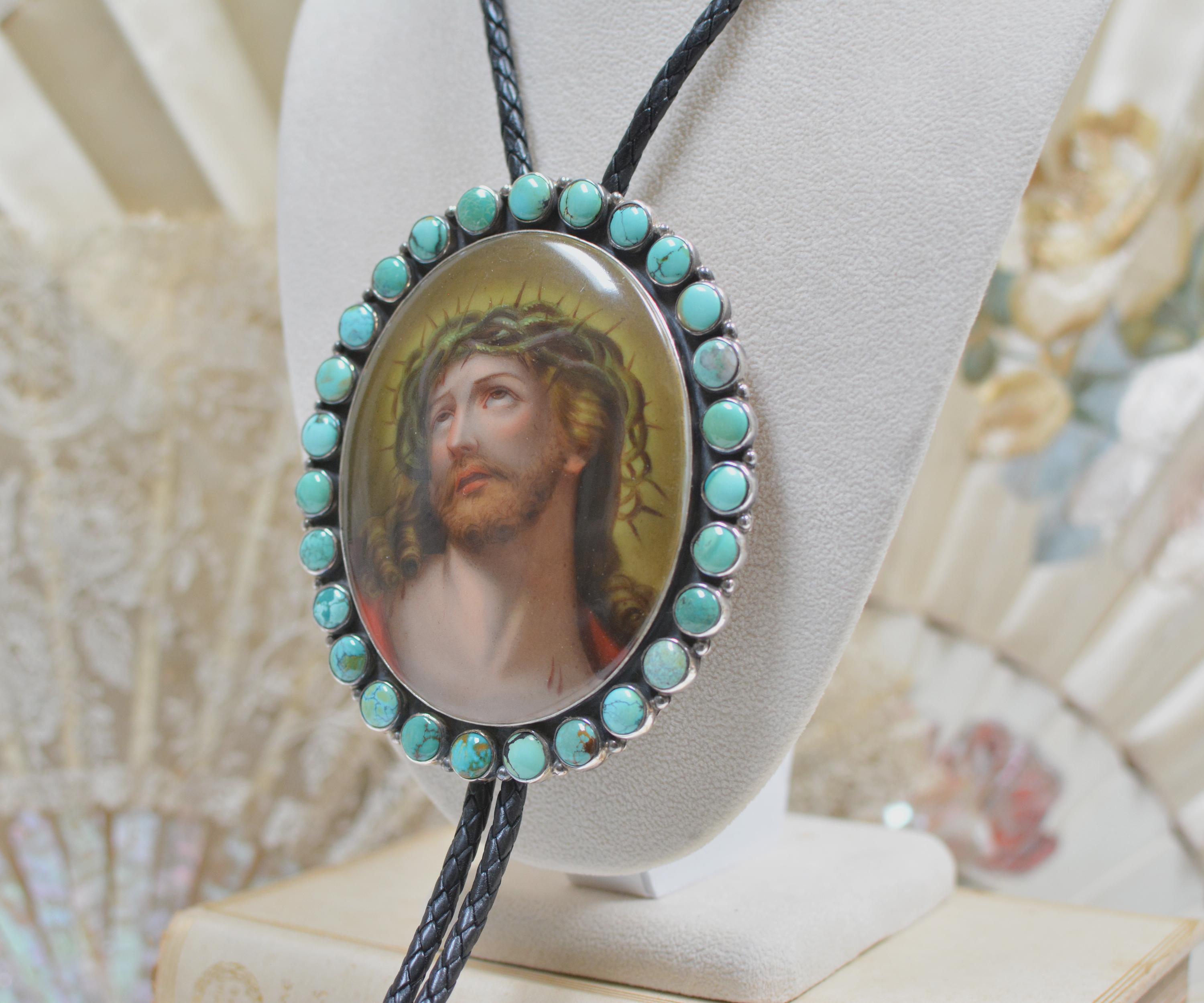 Baroque Jill Garber Nineteenth Century Porcelain Portrait of Christ Bolo with Turquoise For Sale