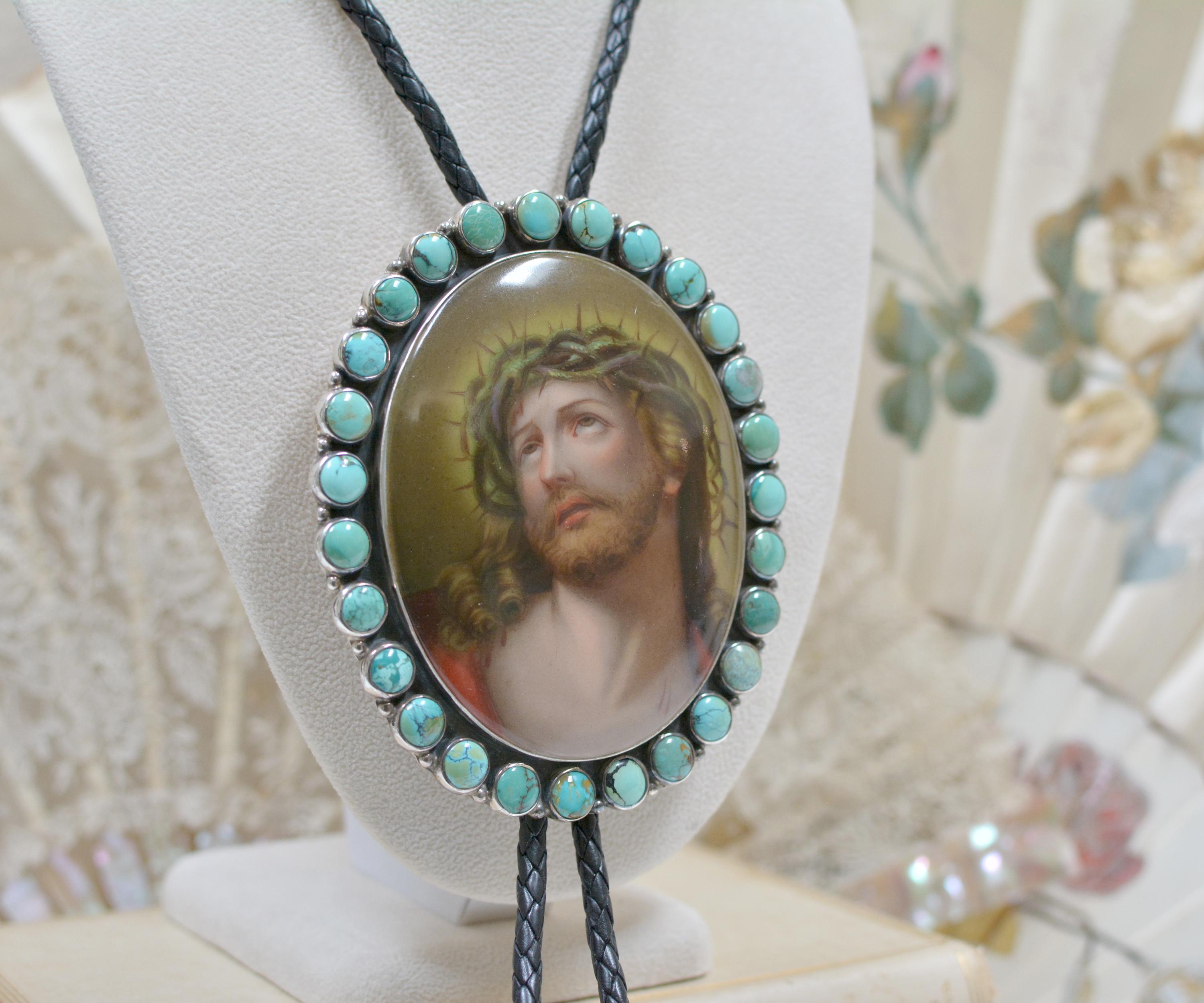 Round Cut Jill Garber Nineteenth Century Porcelain Portrait of Christ Bolo with Turquoise For Sale