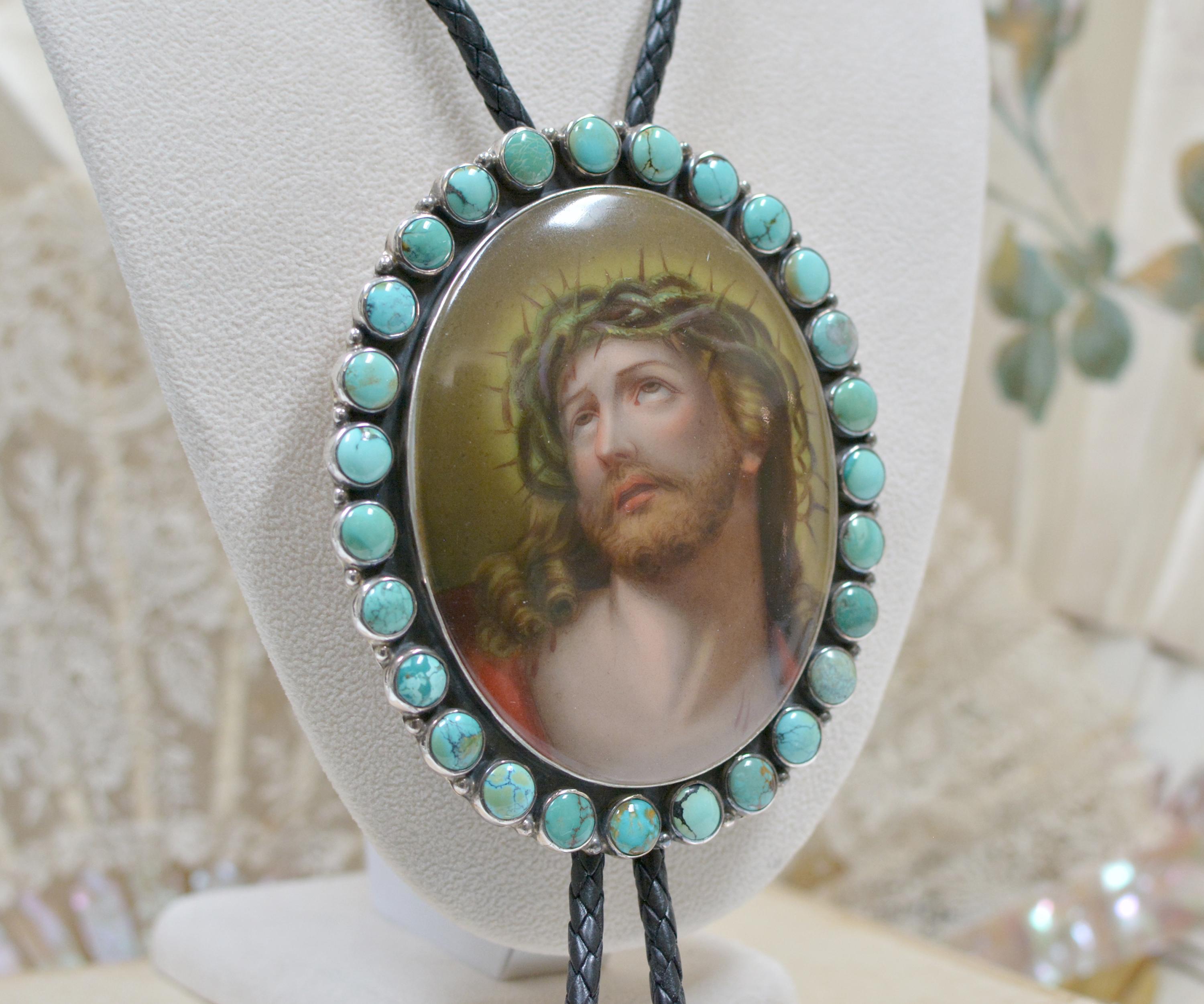 Jill Garber Nineteenth Century Porcelain Portrait of Christ Bolo with Turquoise In Excellent Condition For Sale In Saginaw, MI