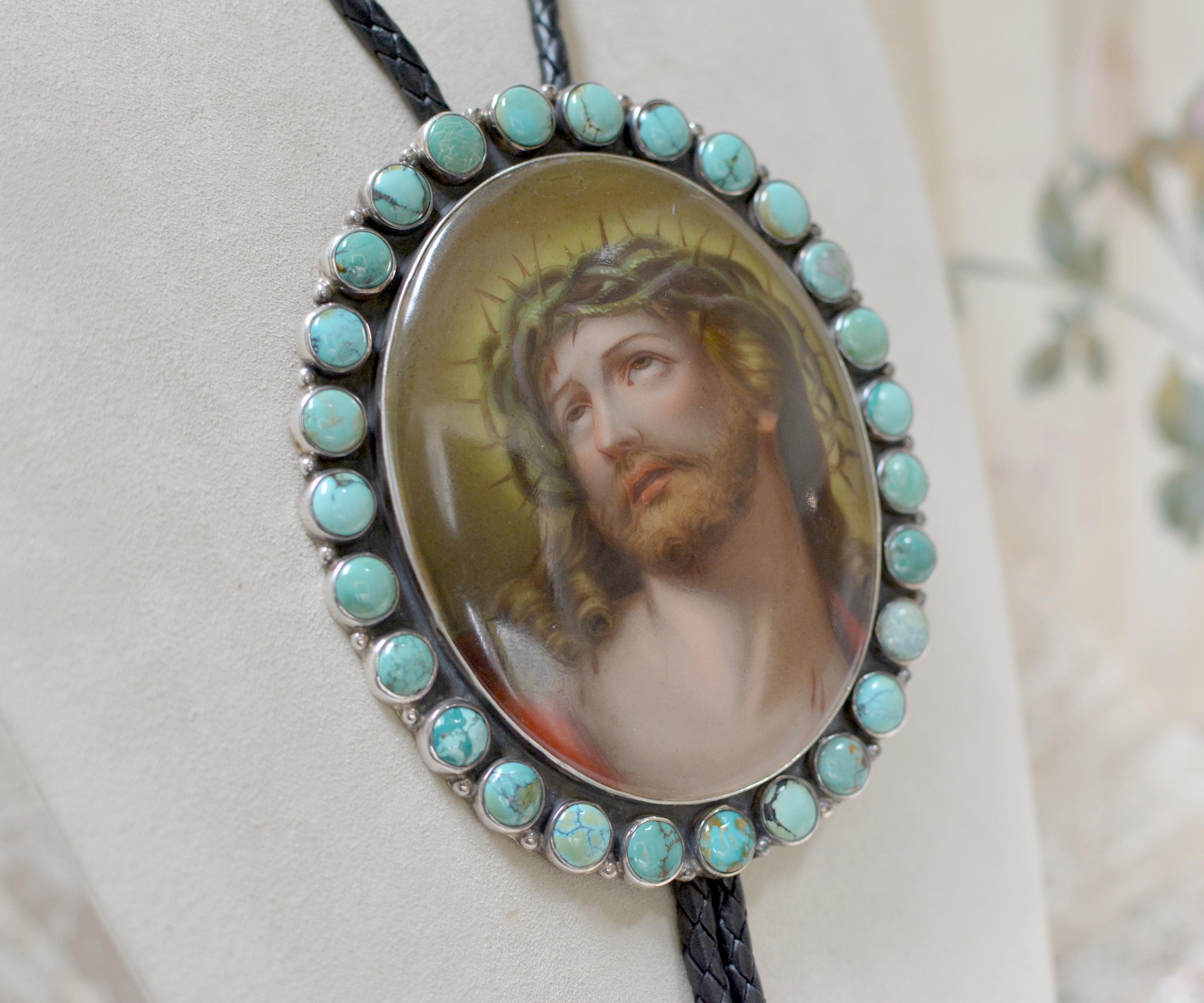 Women's or Men's Jill Garber Nineteenth Century Porcelain Portrait of Christ Bolo with Turquoise For Sale