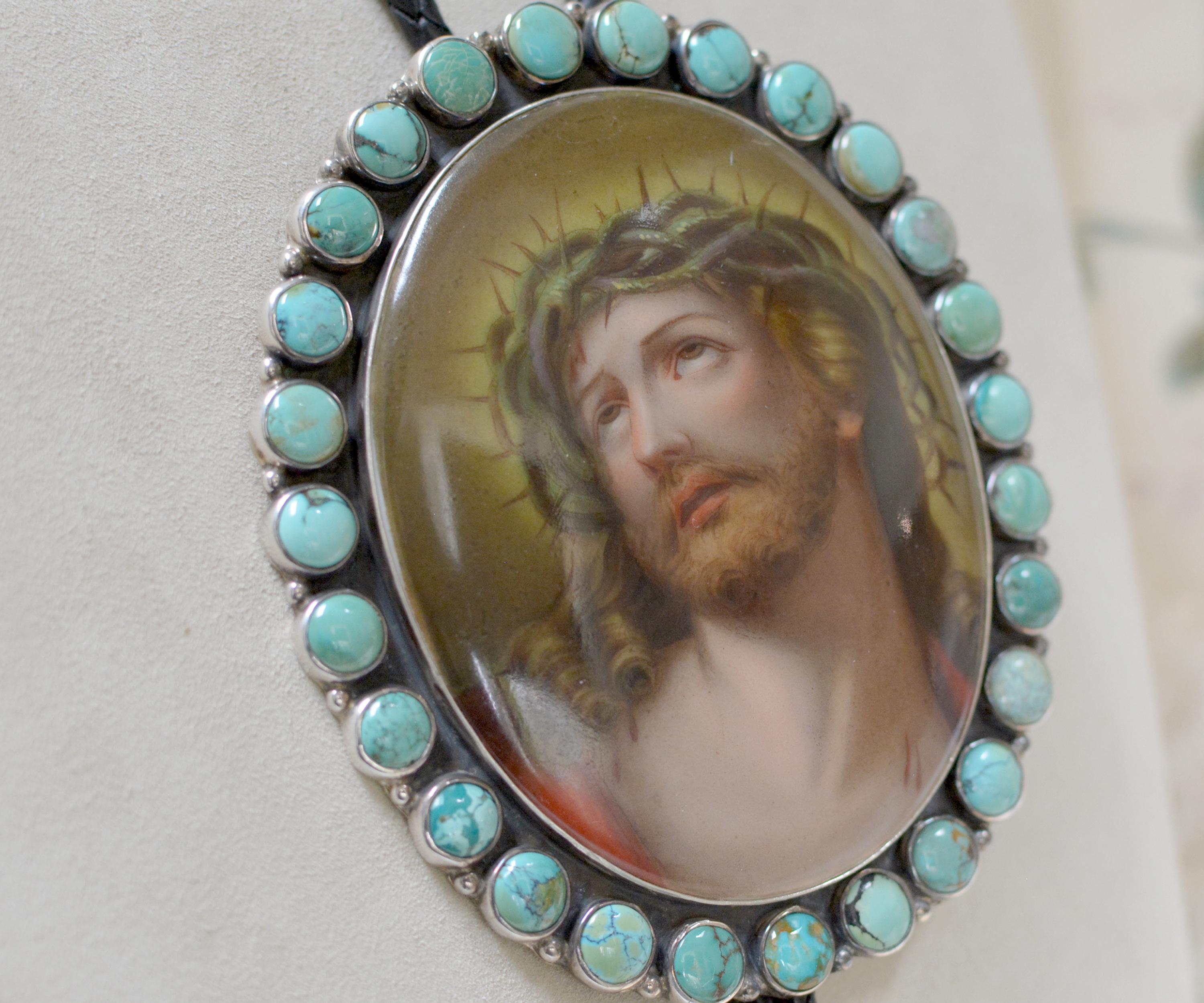 Jill Garber Nineteenth Century Porcelain Portrait of Christ Bolo with Turquoise For Sale 1