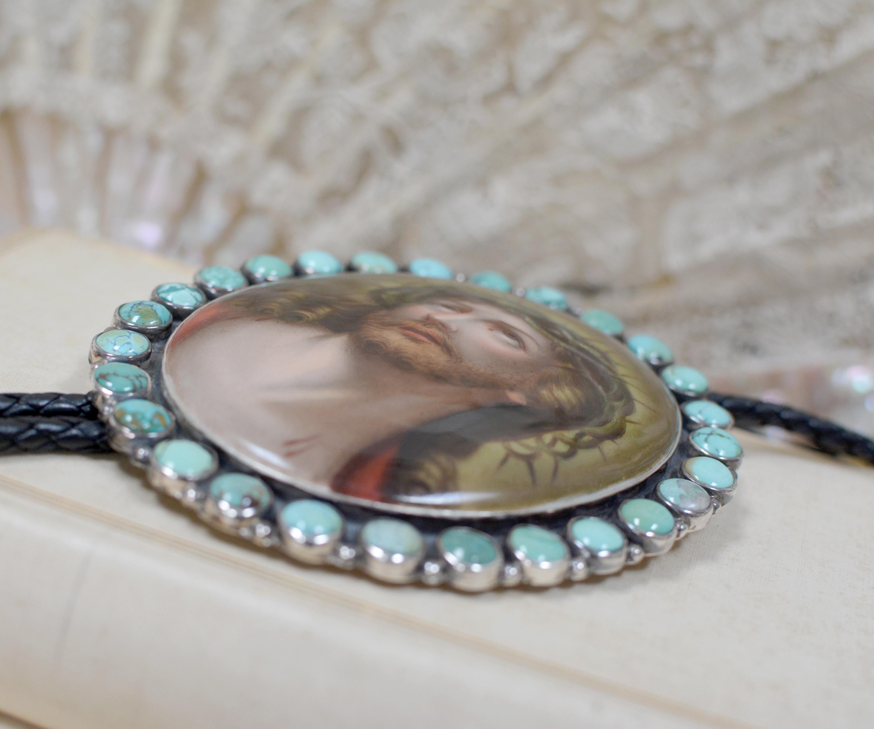 Jill Garber Nineteenth Century Porcelain Portrait of Christ Bolo with Turquoise For Sale 2