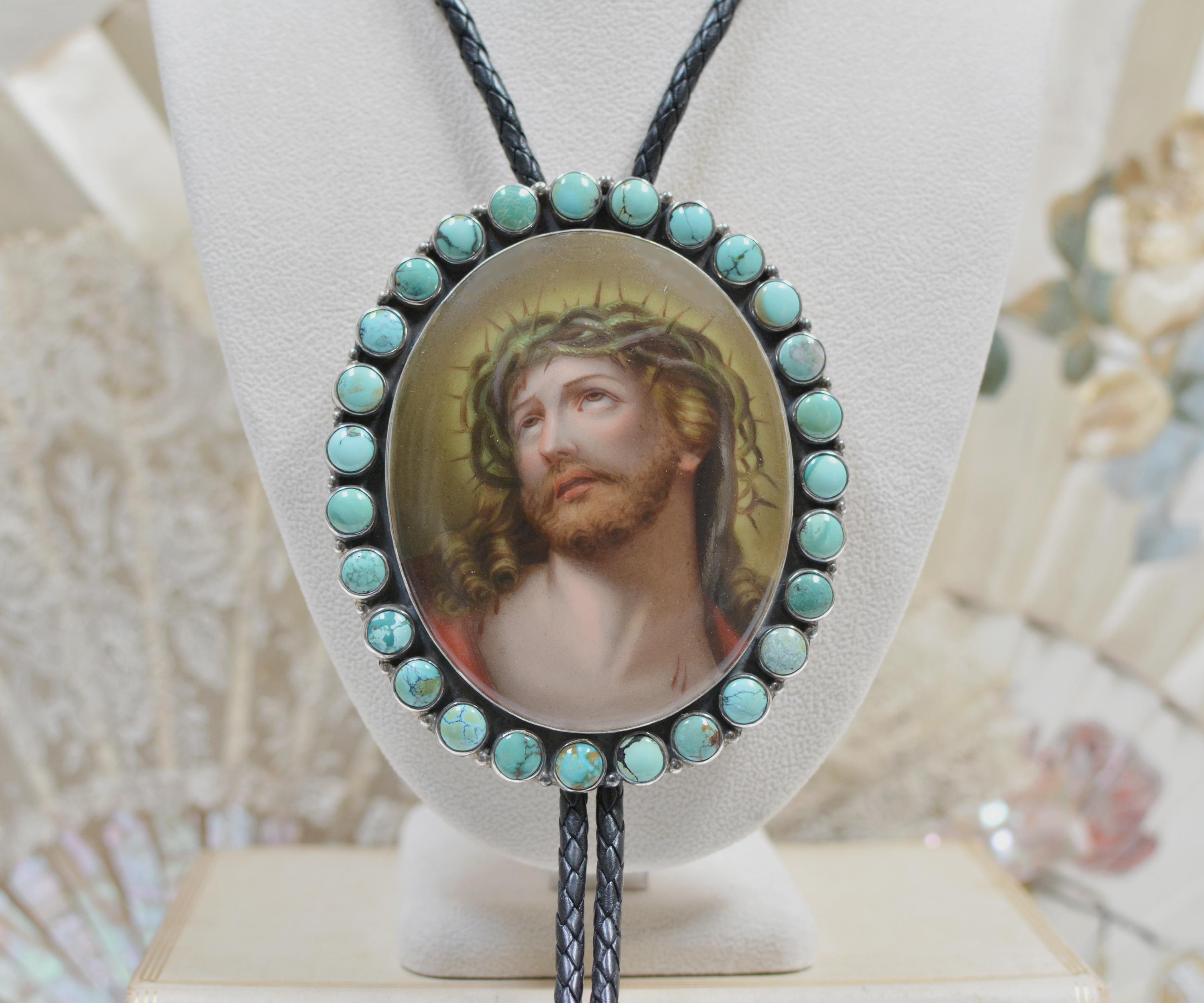Jill Garber Nineteenth Century Porcelain Portrait of Christ Bolo with Turquoise For Sale 7