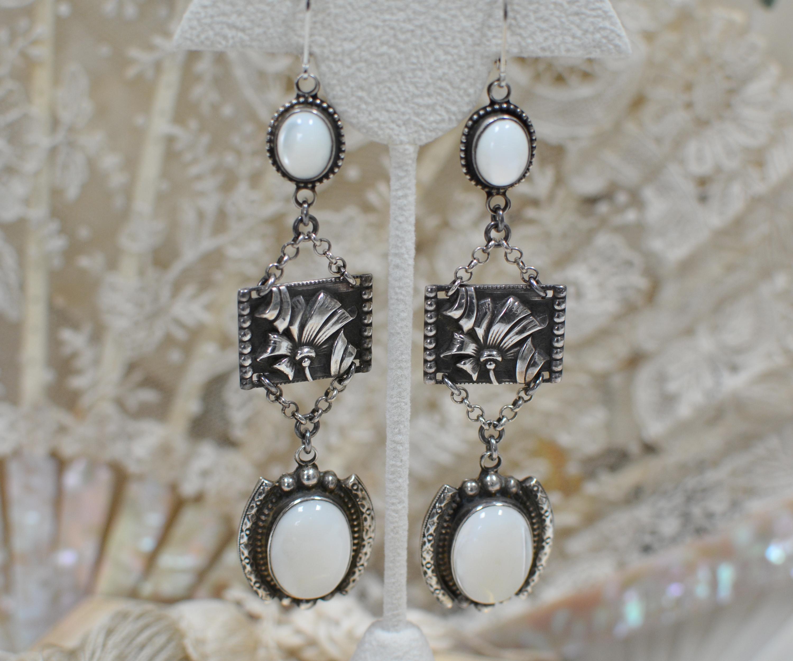 Art Nouveau Jill Garber Sterling Silver Repousse' Relief with Mother of Pearl Drop Earrings For Sale