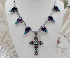 Jill Garber Antique Austro Hungarian Cross Necklace with Turquoise and Amethyst