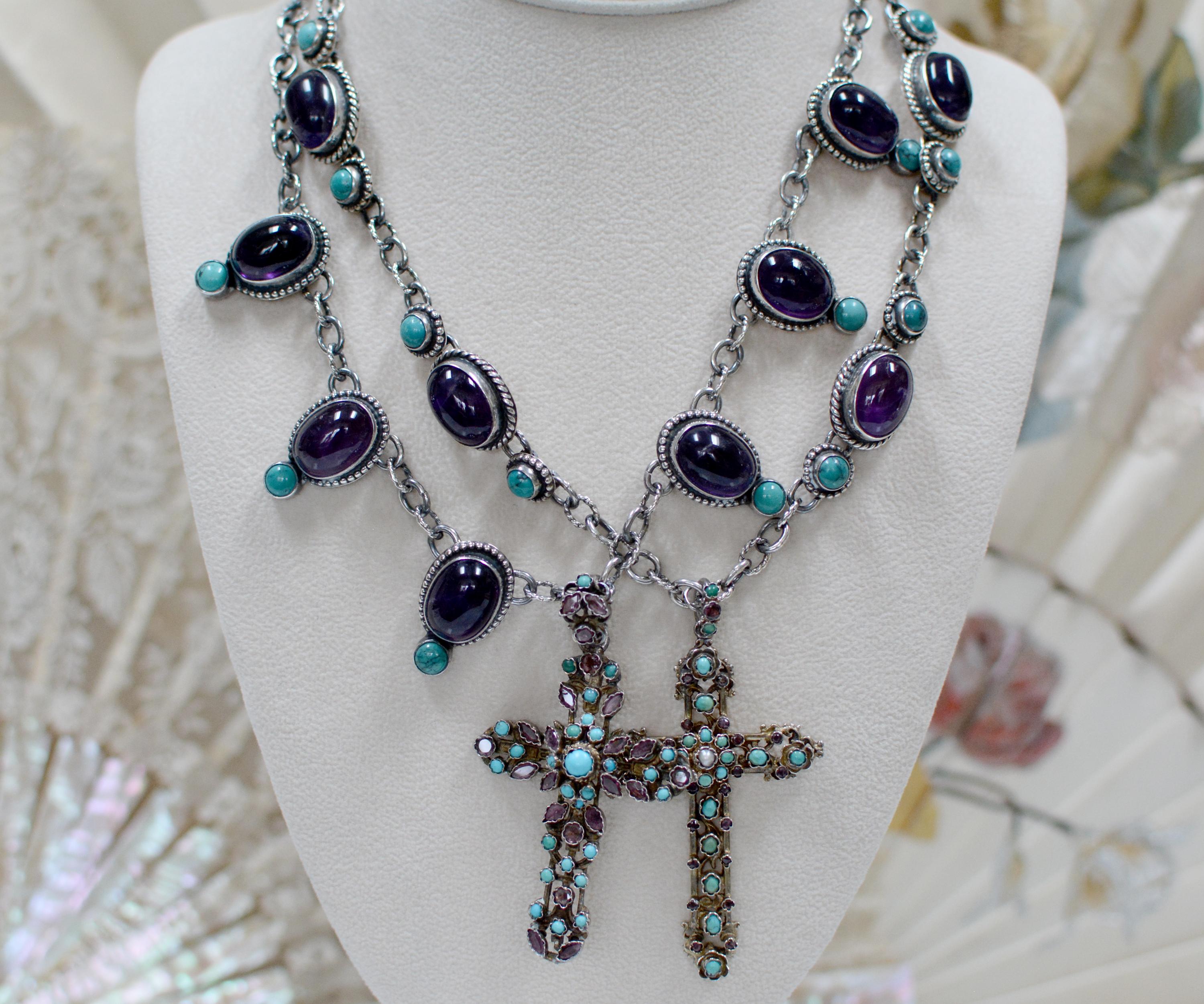 Women's or Men's Jill Garber Antique Austro Hungarian Cross Necklace with Turquoise and Amethyst For Sale