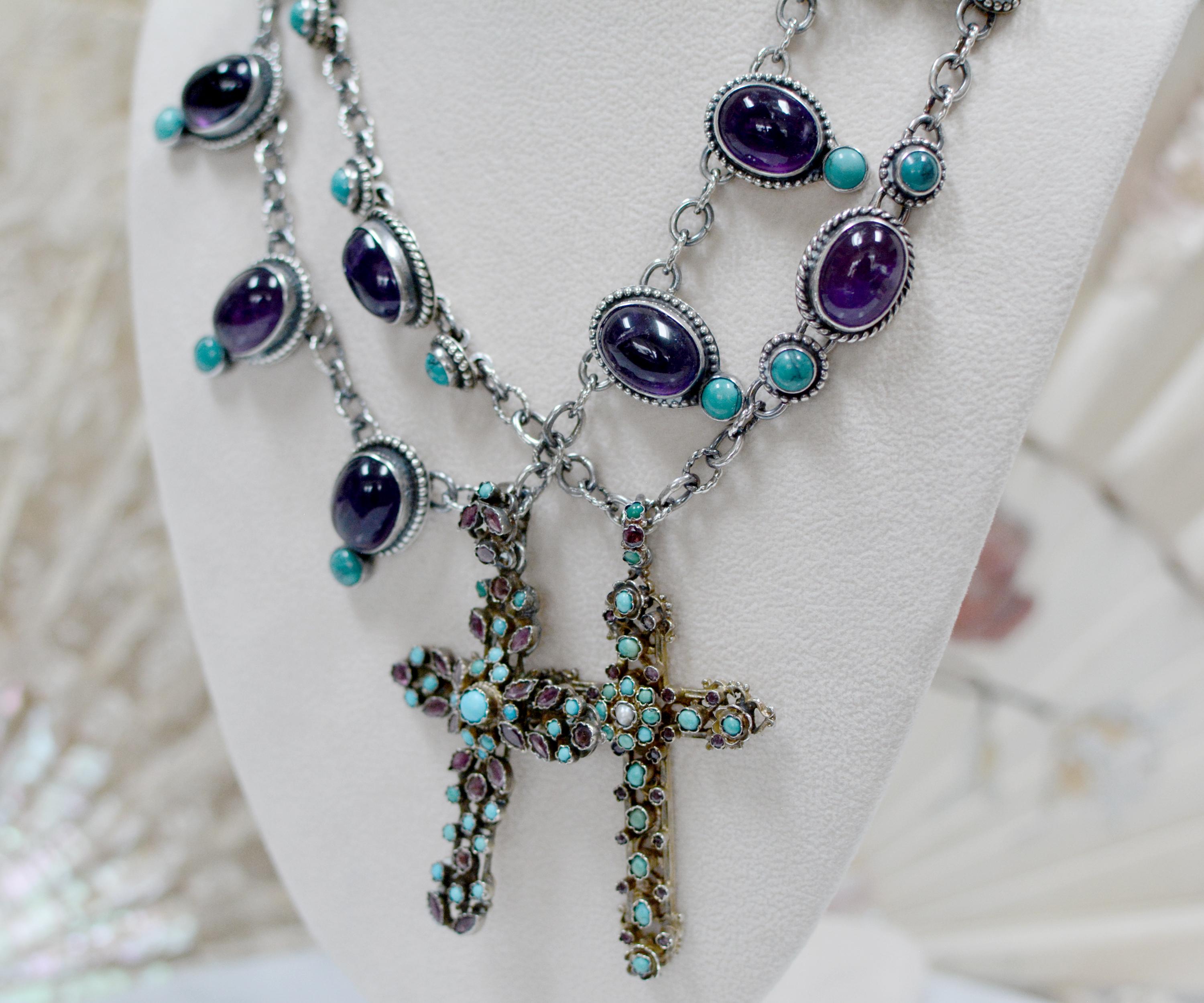 Jill Garber Antique Austro Hungarian Cross Necklace with Turquoise and Amethyst For Sale 1