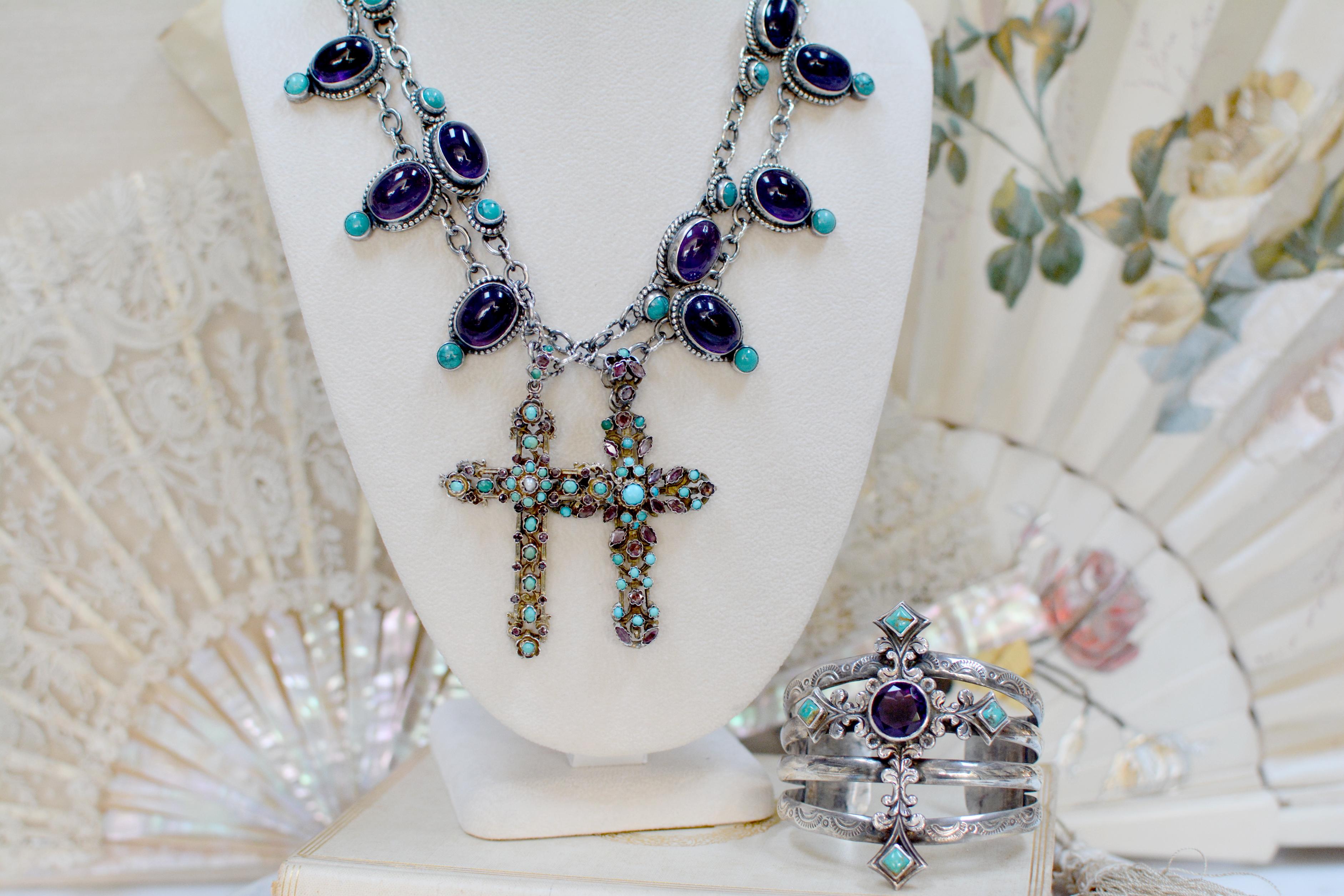 Jill Garber Antique Austro Hungarian Cross Necklace with Turquoise and Amethyst For Sale 2