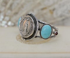 Jill Garber Antique French Sacred Heart Medal with Turquoise Cuff Bracelet