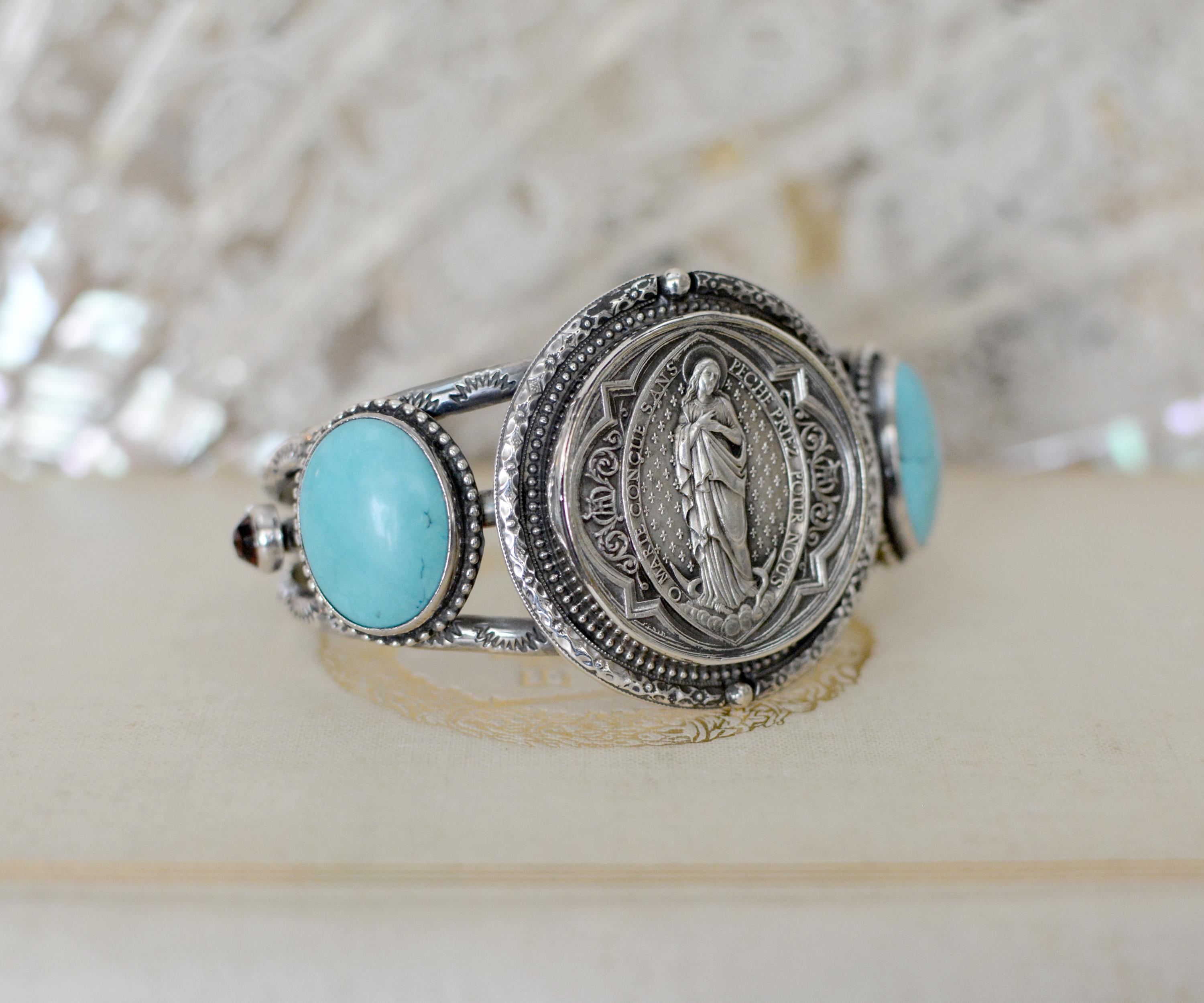 Baroque Jill Garber Antique French Sacred Heart Medal with Turquoise Cuff Bracelet For Sale