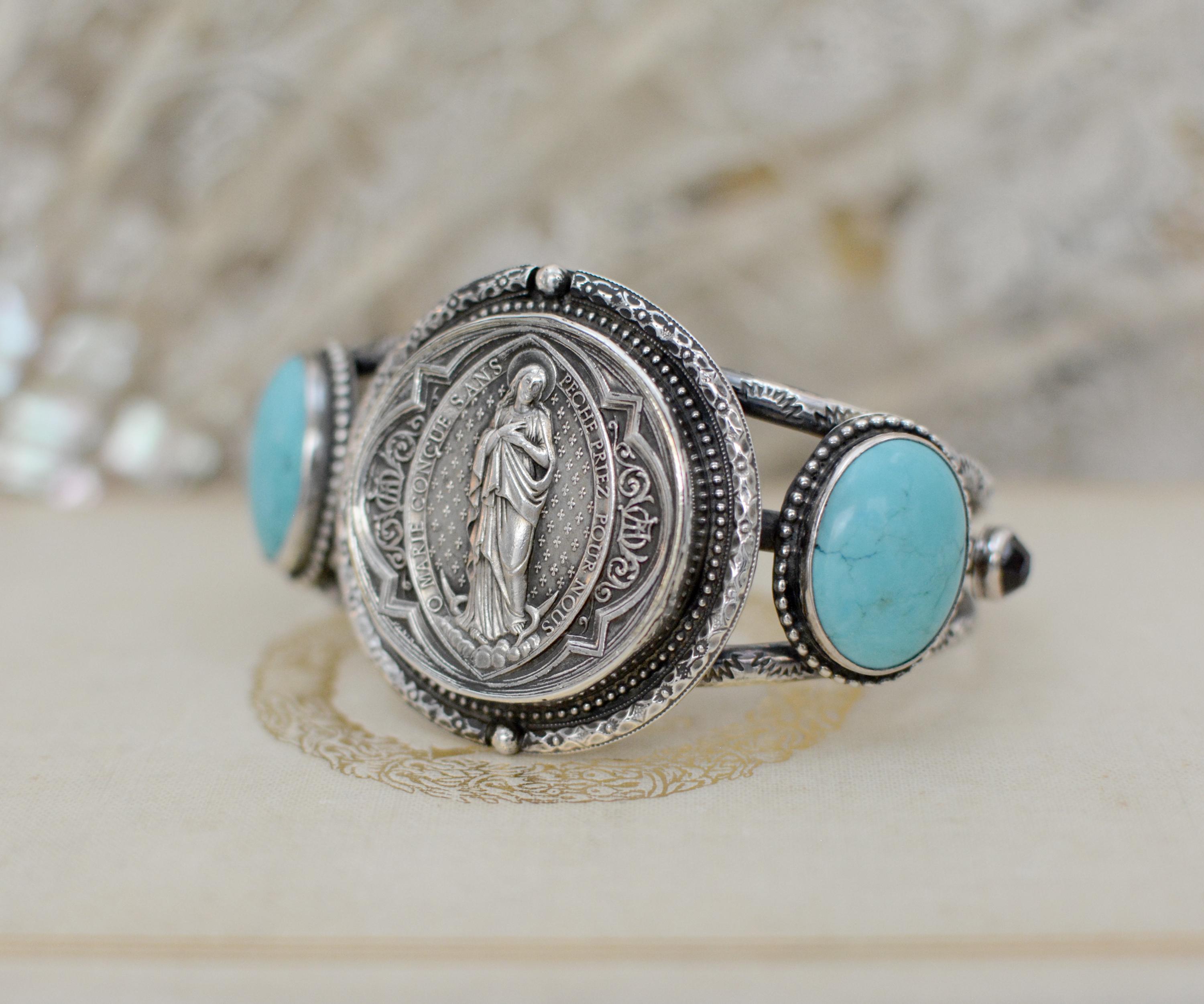 Jill Garber Antique French Sacred Heart Medal with Turquoise Cuff Bracelet In Excellent Condition For Sale In Saginaw, MI