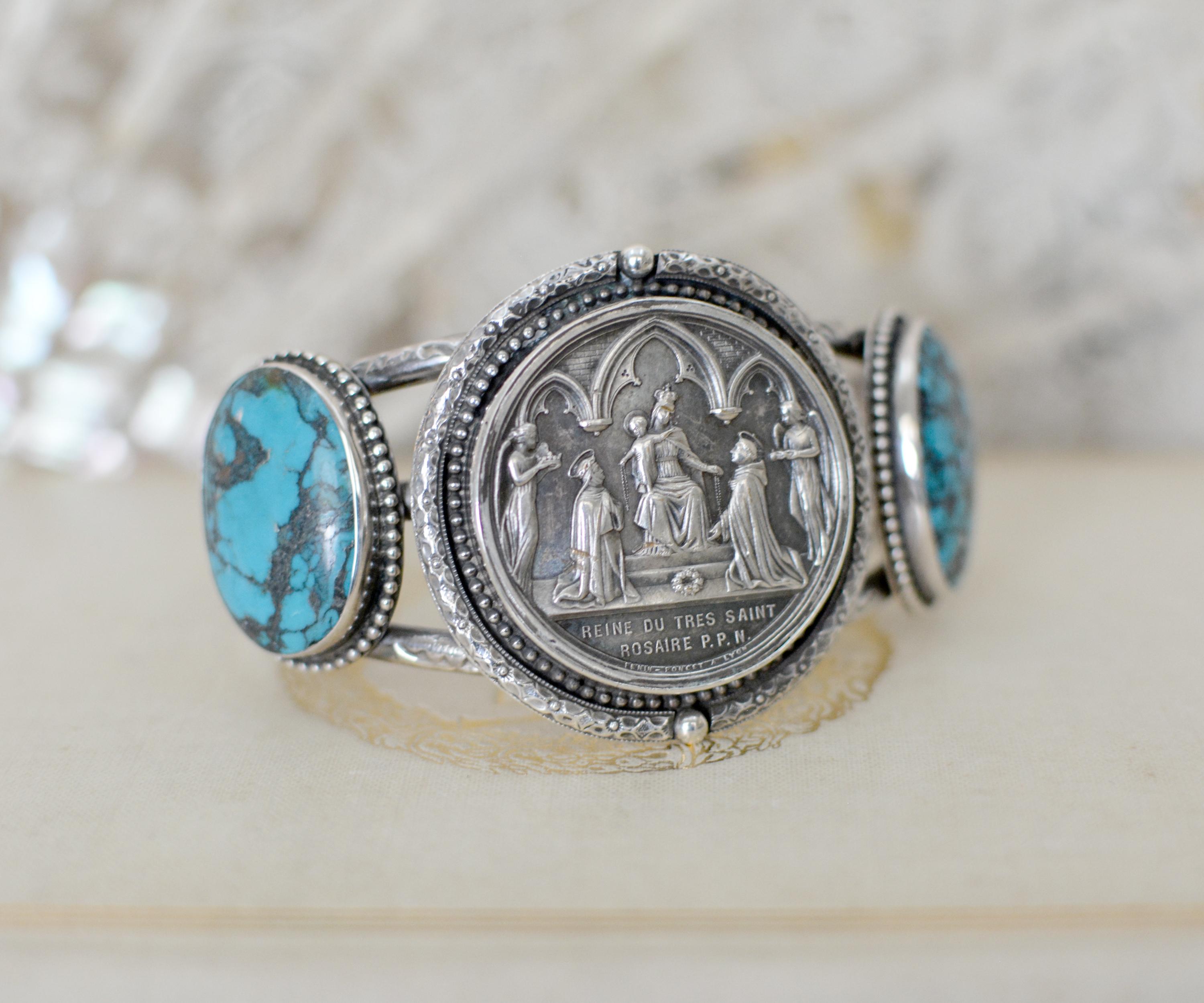 Jill Garber Antique French Wedding Medal with Turquoise Cuff Bracelet In Excellent Condition For Sale In Saginaw, MI