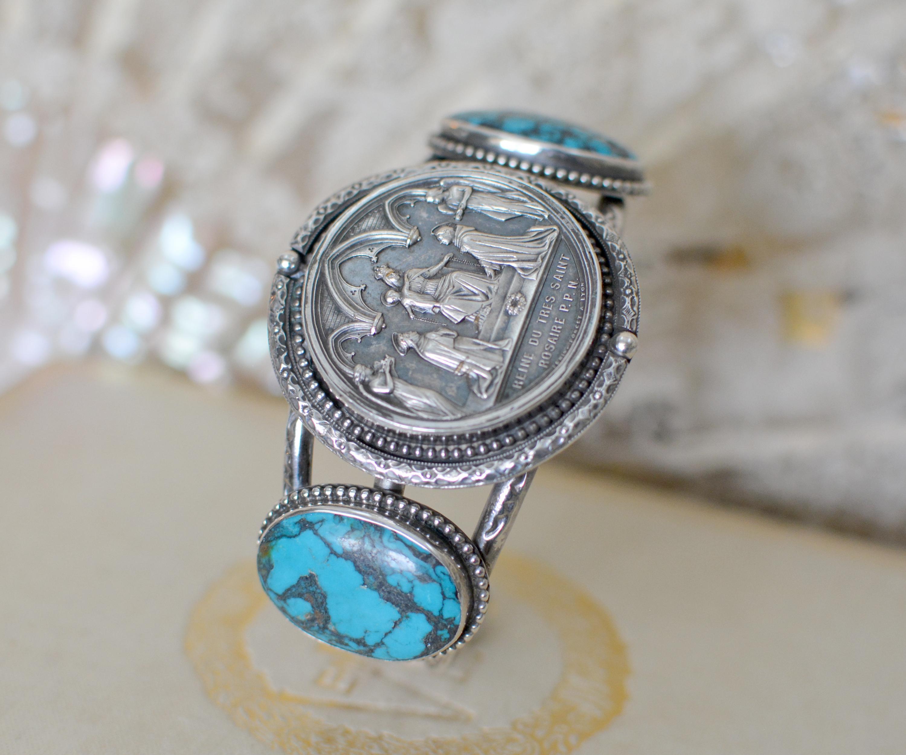 Women's or Men's Jill Garber Antique French Wedding Medal with Turquoise Cuff Bracelet For Sale