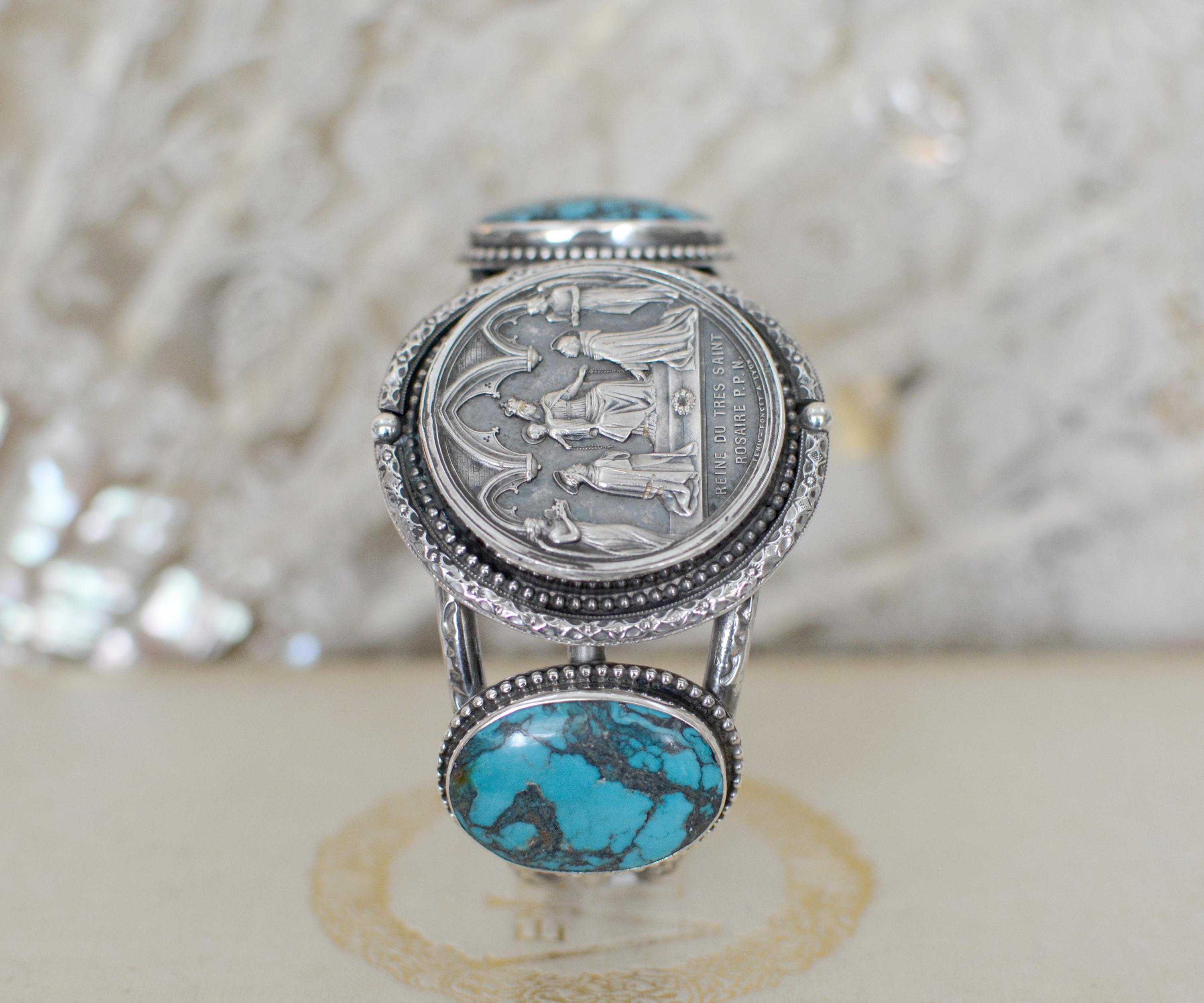 Jill Garber Antique French Wedding Medal with Turquoise Cuff Bracelet For Sale 1