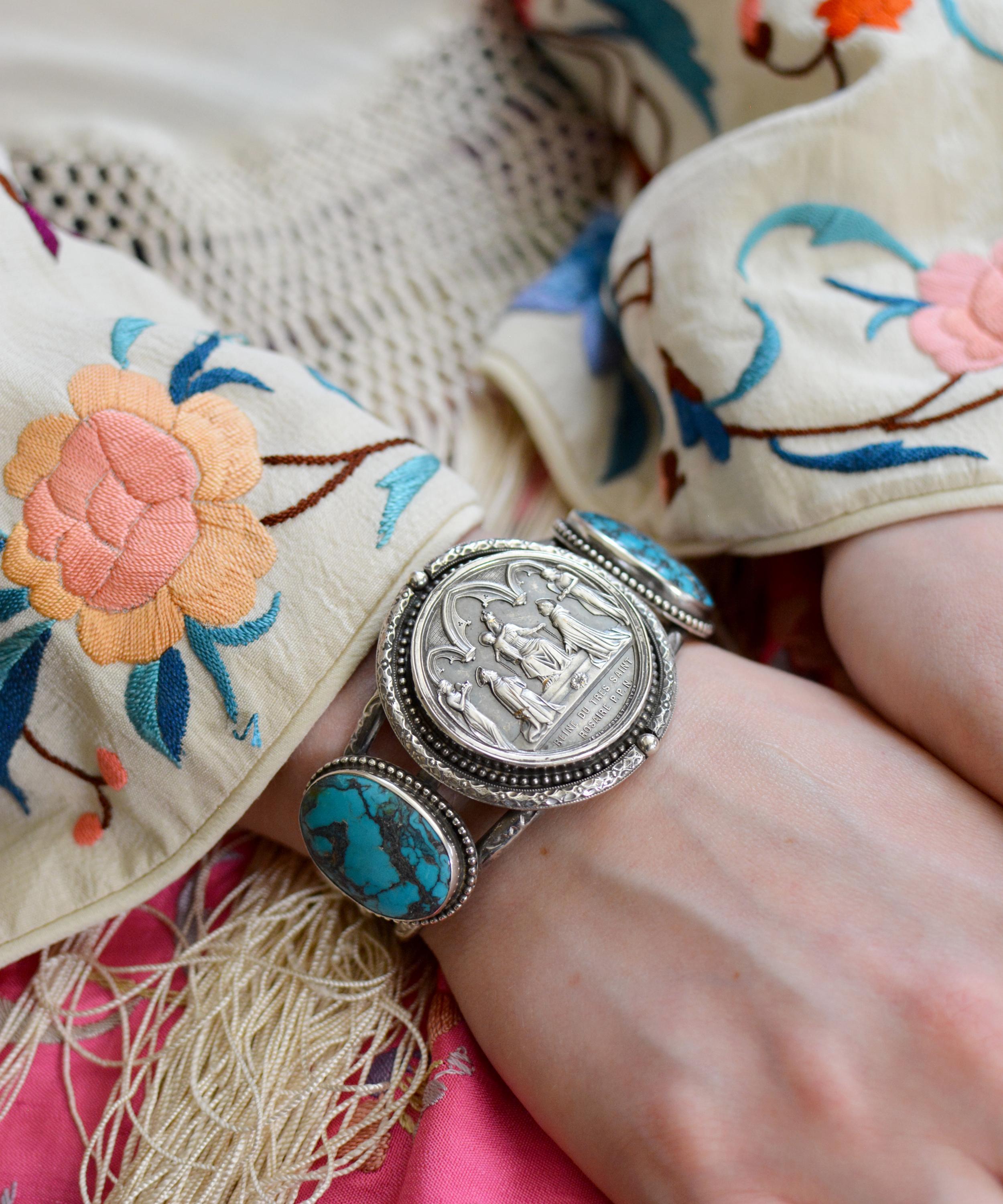 Jill Garber Antique French Wedding Medal with Turquoise Cuff Bracelet For Sale 3