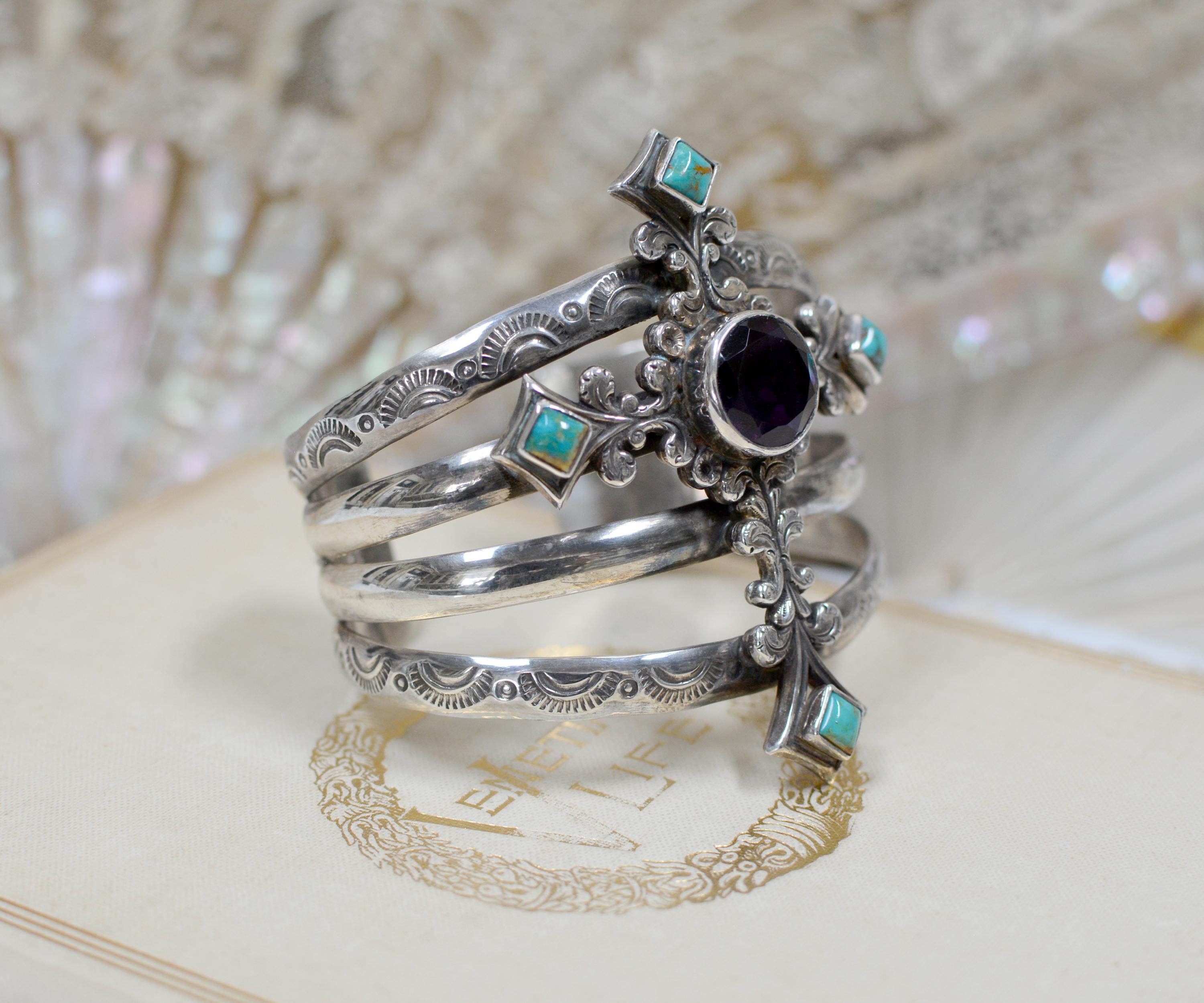 Jill Garber Art Nouveau Figural Cross Cuff Bracelet with Amethyst and Turquoise  1