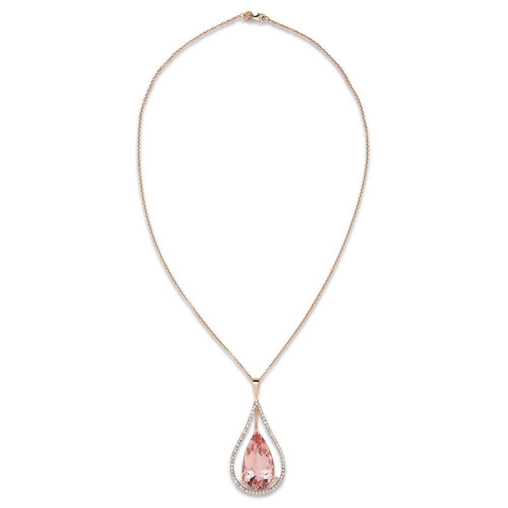 Material: 14k Rose Gold 
Center Stone Details: 21.94 Carat Pear Shaped Pink Morganite - 28 x 15 mm
Diamonds:  64 Round Diamonds at 0.88 Carats.  SI Quality /  H-I Color
Chain:  18 inch

Fine one-of-a kind craftsmanship meets incredible quality in