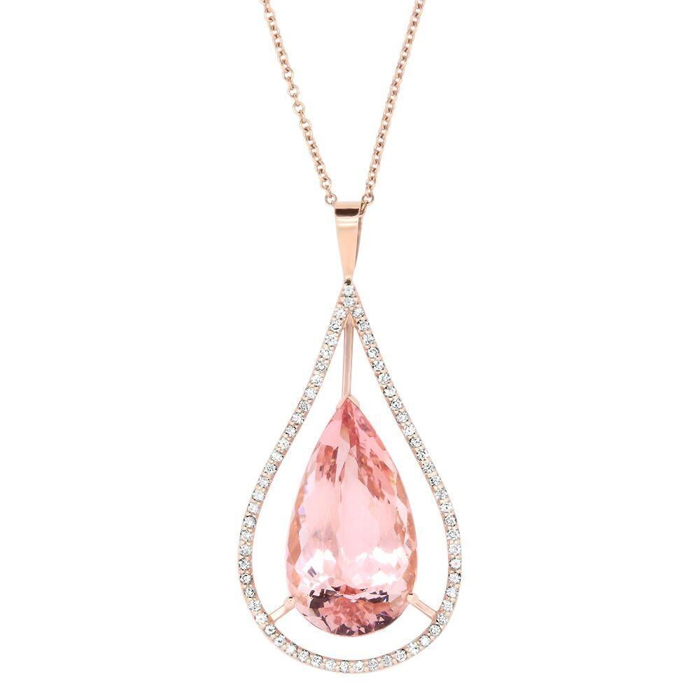 Contemporary 21.94 Carat Pear Shaped Pink Morganite and Diamond Pendant