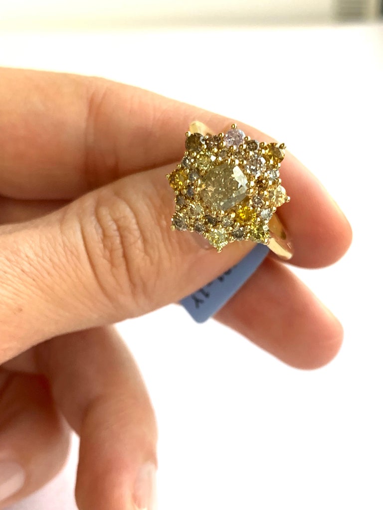 1 Carat Cushion Cut Yellow And Multi Color Diamond Ring For Sale