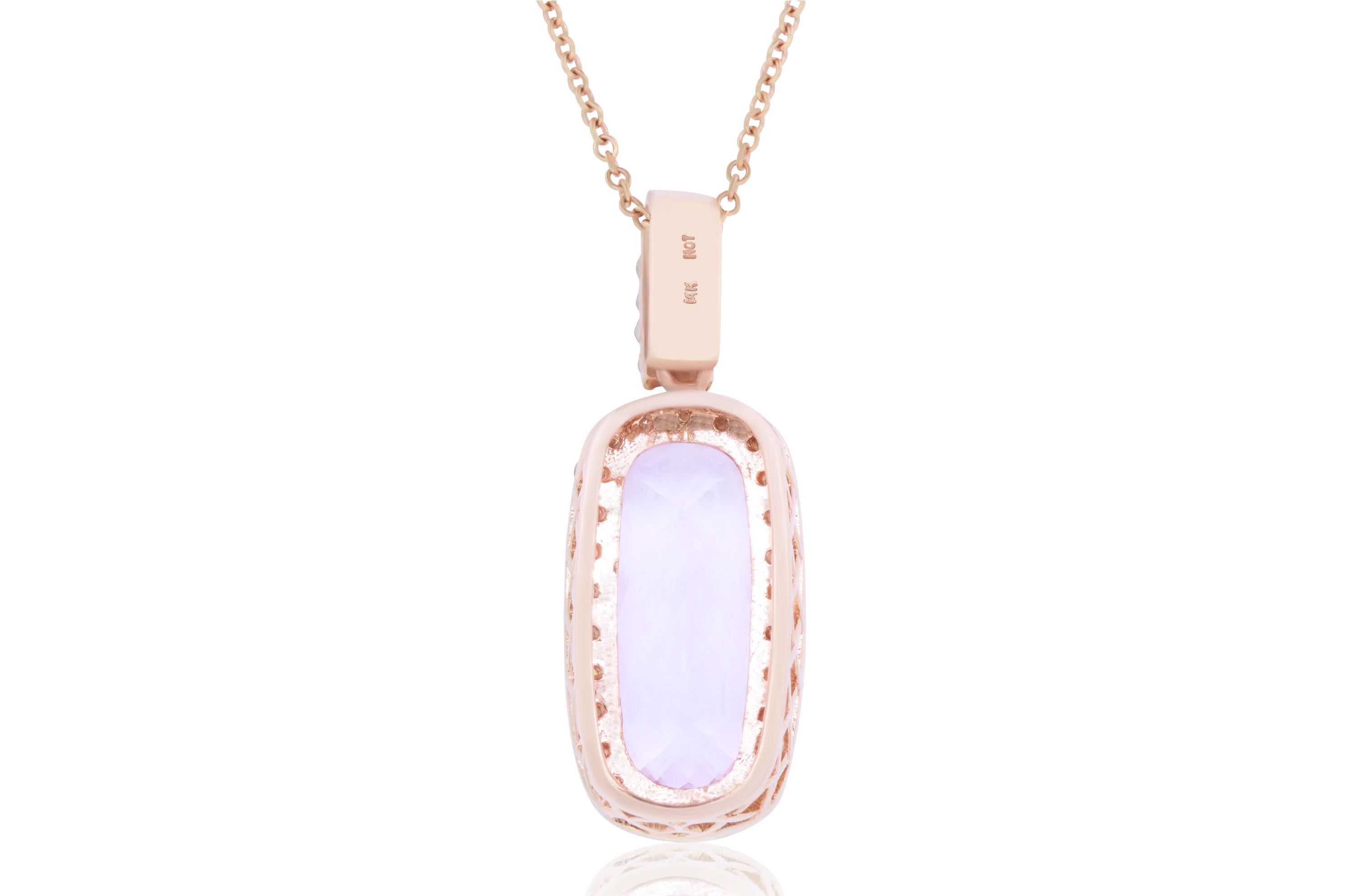 Material: 14k Rose Gold 
Center Stone Details:  16.10 Carat Cushion Cut Kunzite measuring 22.2 x 11.9 mm 
Mounting Diamond Details: 36 Brilliant Round White Diamonds Approximately 1.40 Carats - Clarity: SI / Color: H-I
Chain Length:  16 Inches

Fine