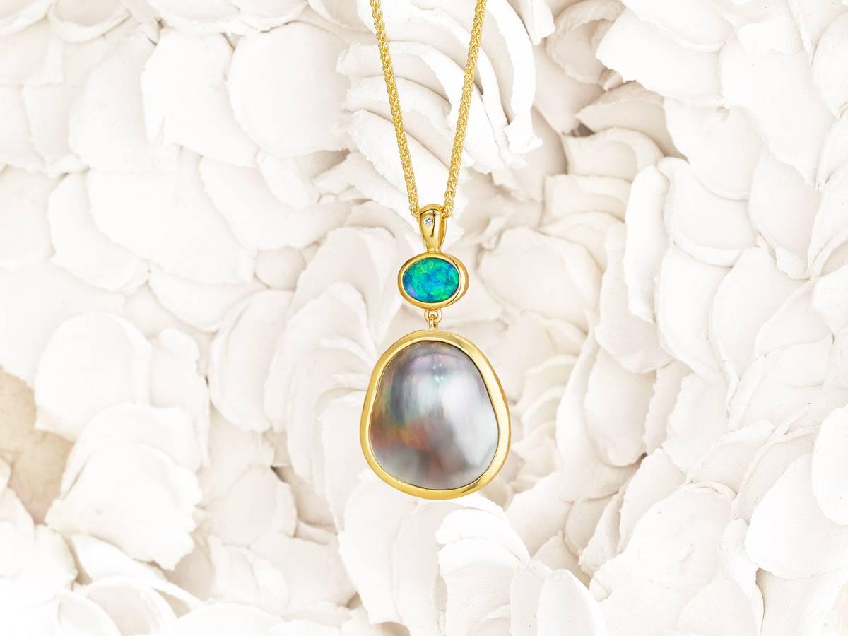 Artisan Australian Opal with Sea of Cortez Mabe Pearl and 18 Karat Gold Pendant Necklace