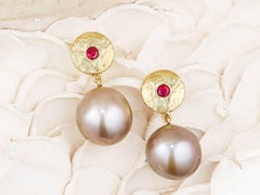 12 mm Violet Kasumi Japanese Pearl and Gemfields Ruby Earrings
