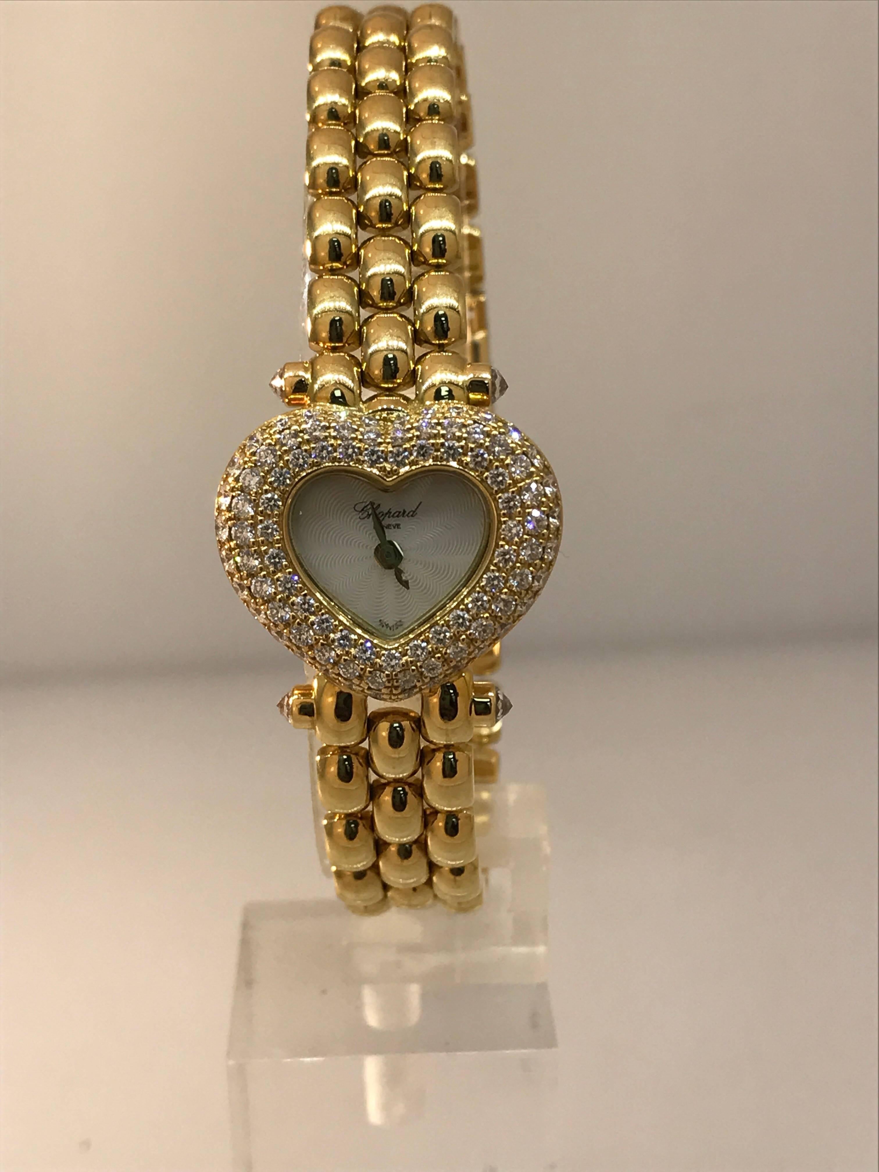 Chopard Ladies Yellow Gold Diamond Heart Shaped Bracelet Wristwatch In Excellent Condition For Sale In New York, NY