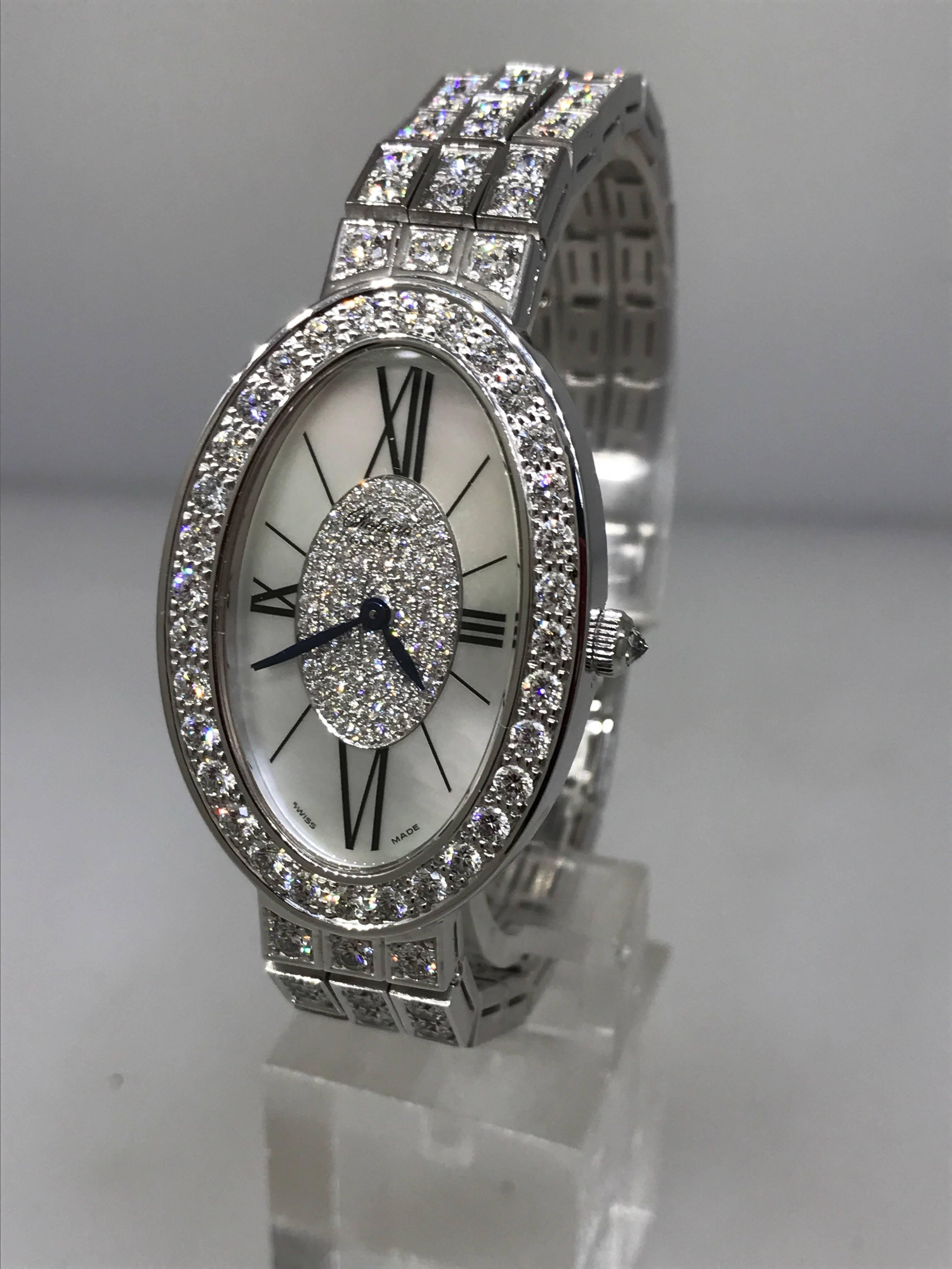 Chopard Ladies White Gold Pave Diamond Les Classiques Oval Wristwatch  In New Condition For Sale In New York, NY