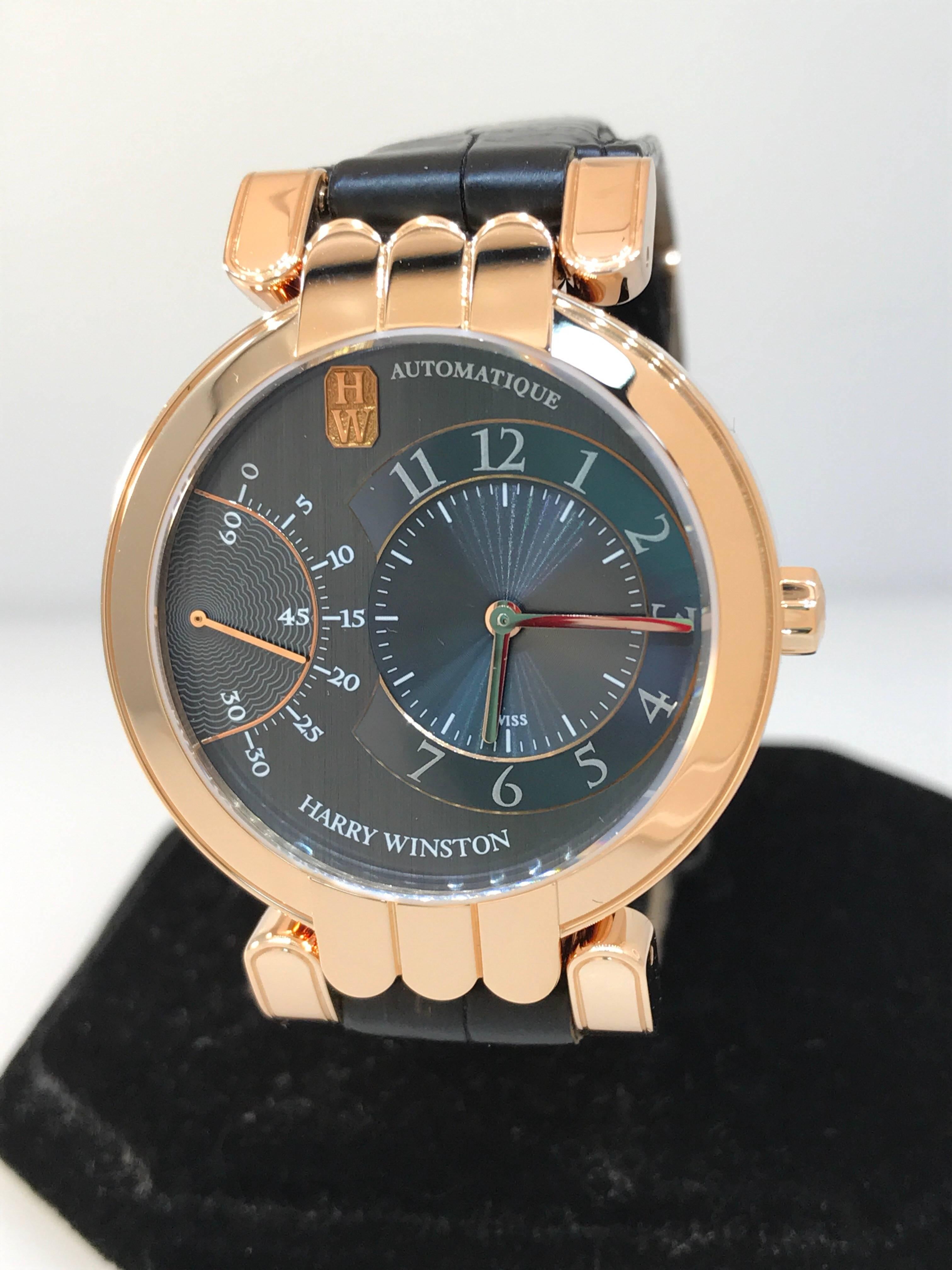 Harry Winston Rose Gold Premier Excenter Grey Dial Automatic Wristwatch In Excellent Condition For Sale In New York, NY