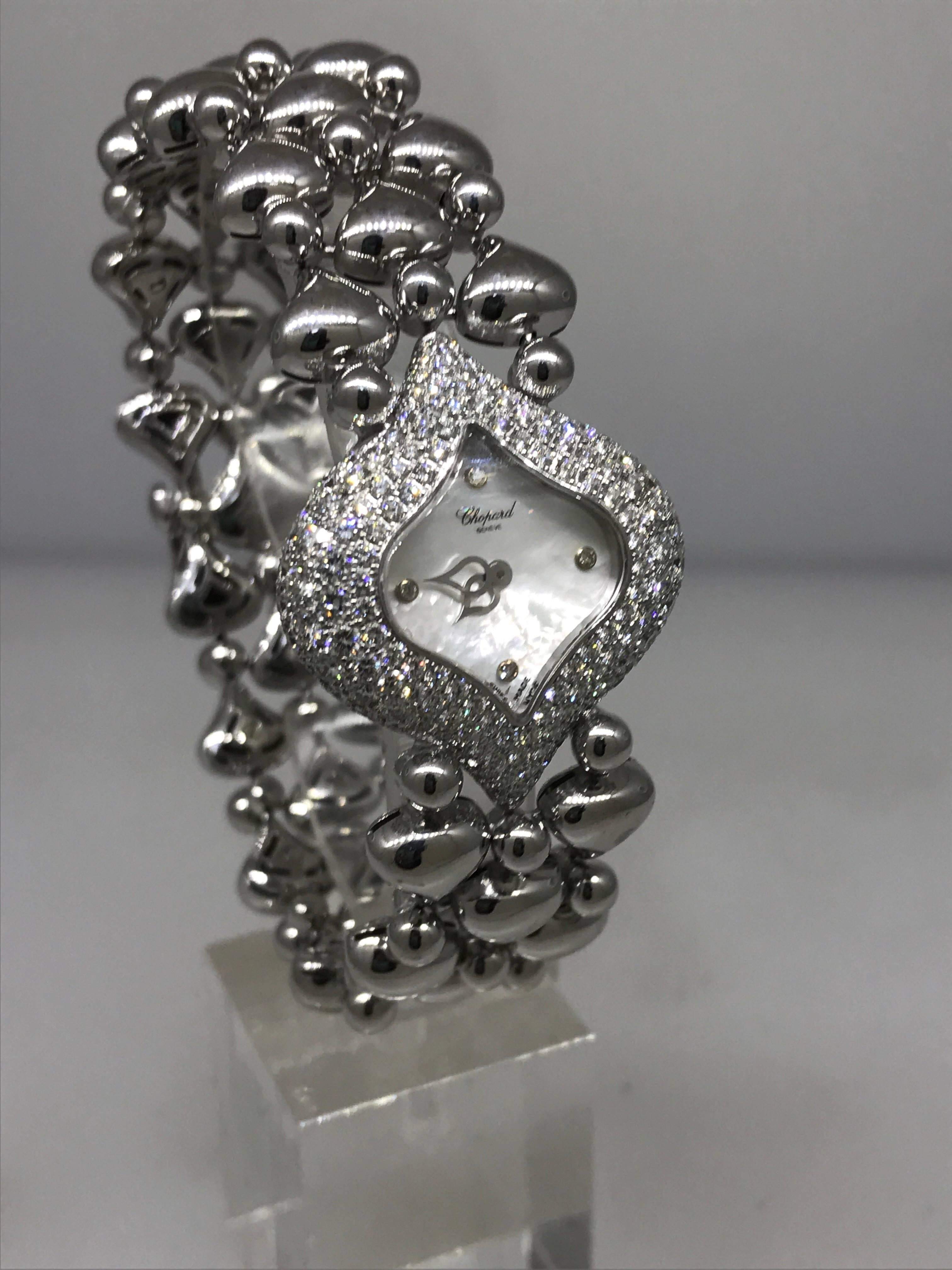 Chopard Ladies Yellow Gold Pushkin Three-Row Diamond Bezel Bracelet Wristwatch For Sale 4