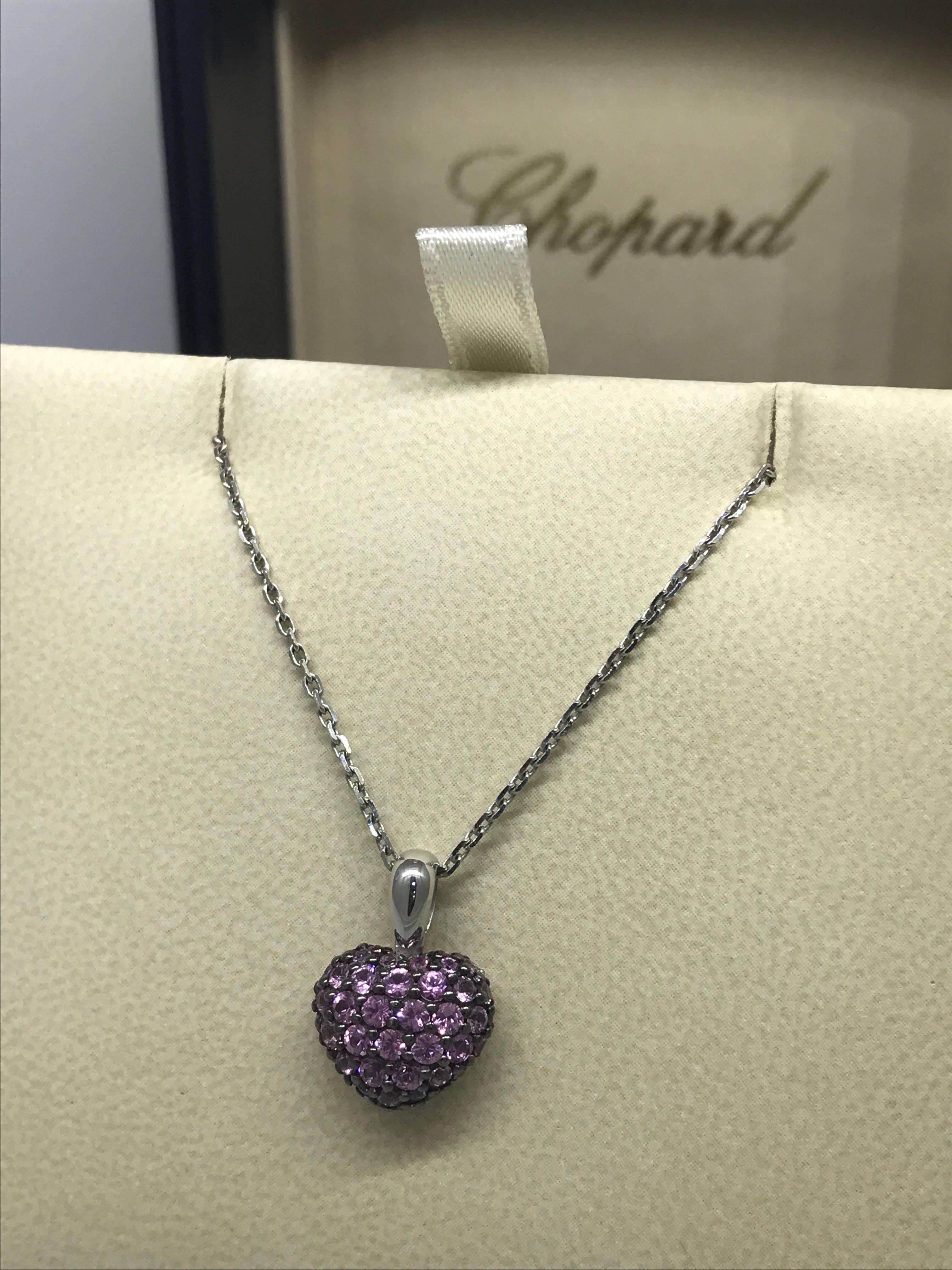 Women's Chopard Heart Shaped Pendant 18 Karat White Gold Pink Sapphires New For Sale