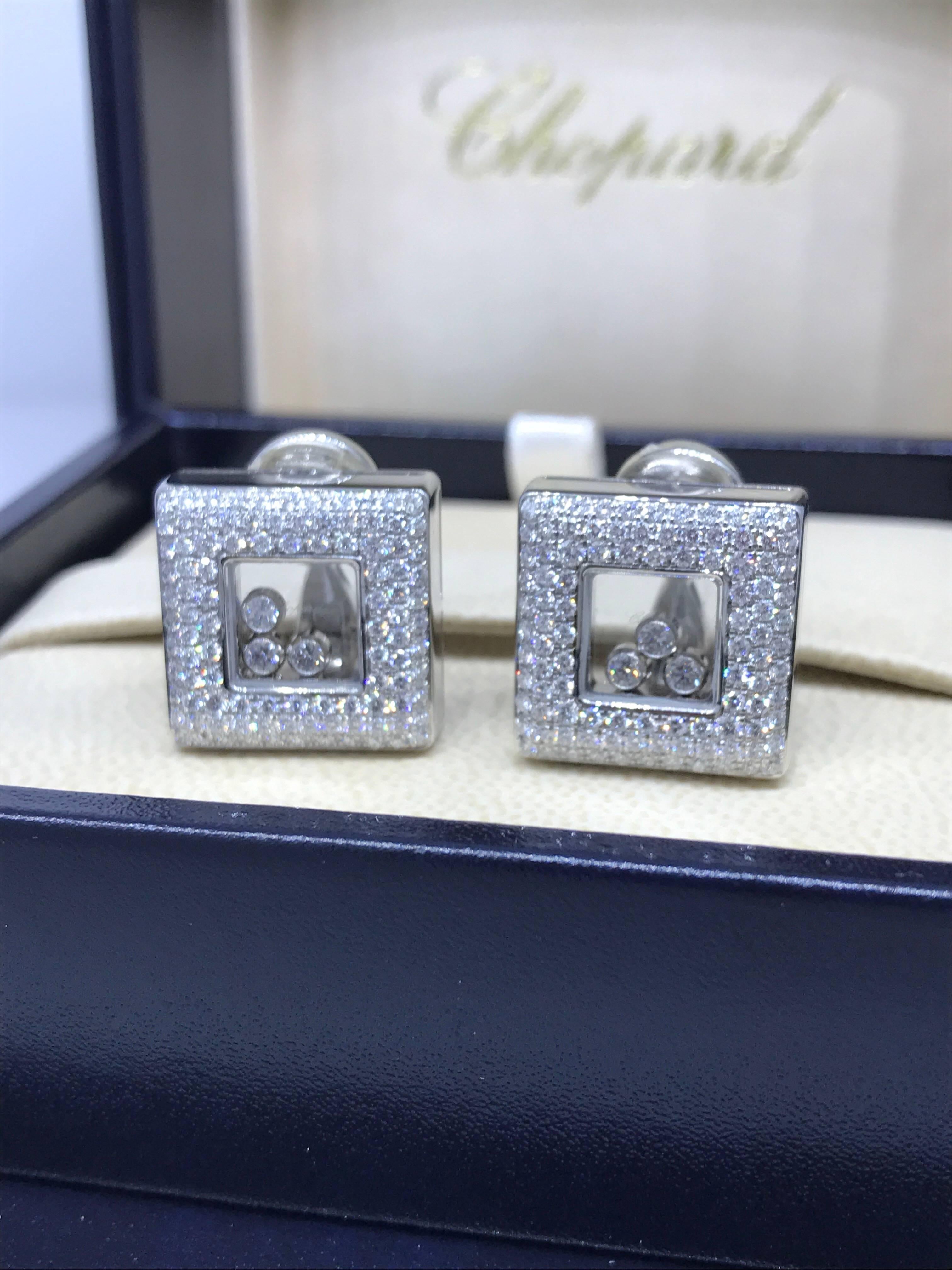 Women's Chopard Happy Diamonds Square 18 Karat White Gold Diamond Earrings 84/2768-20 For Sale