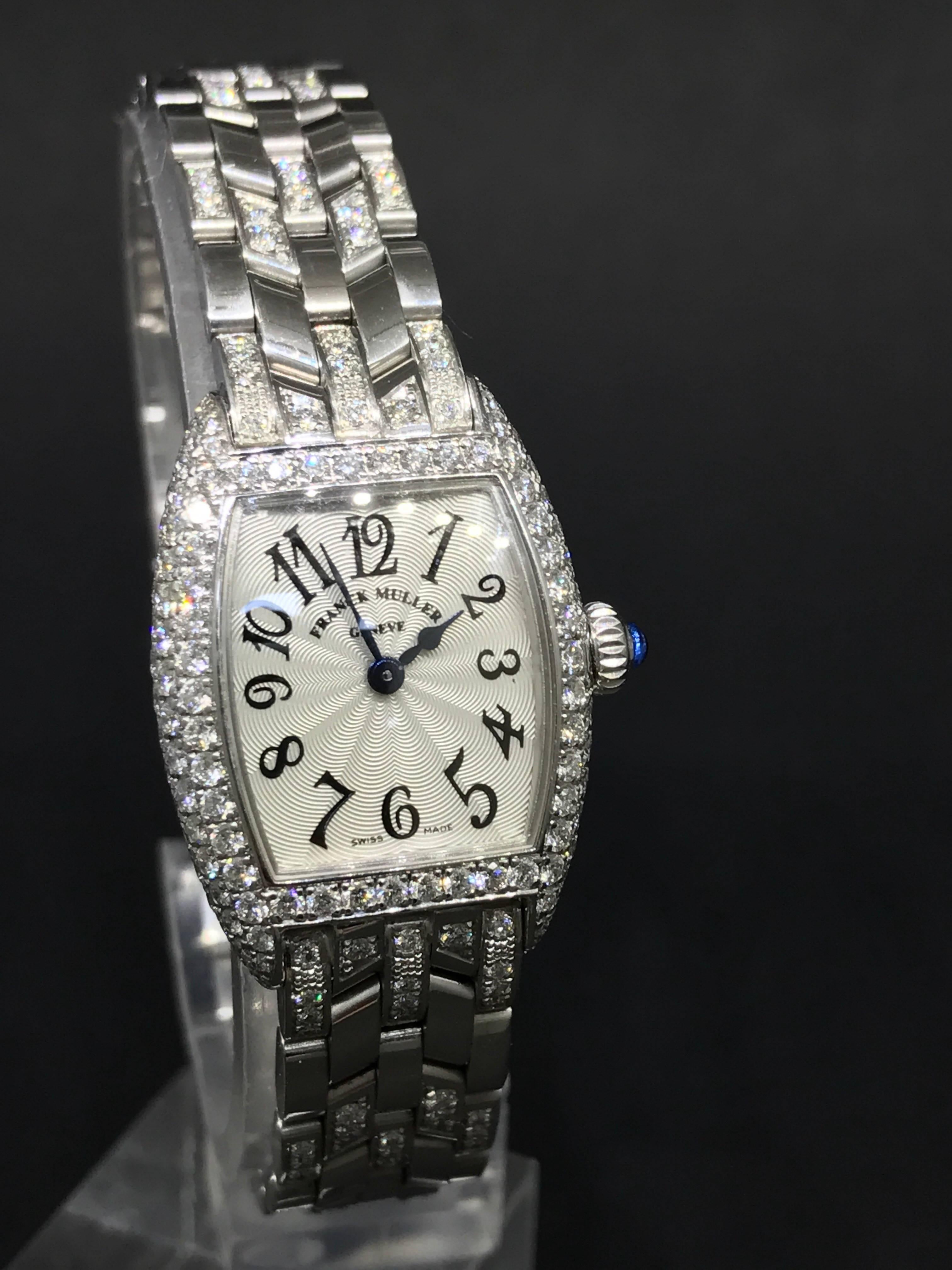 Franck Muller Cintree Curvex Ladies Watch

Model Number: 2500MCDB

100% Authentic

Brand New / Old Stock

Comes with original Franck Muller box and warranty

18 Karat White Gold

Case and bracelet set with diamonds

Silvered Guilloche dial

Case