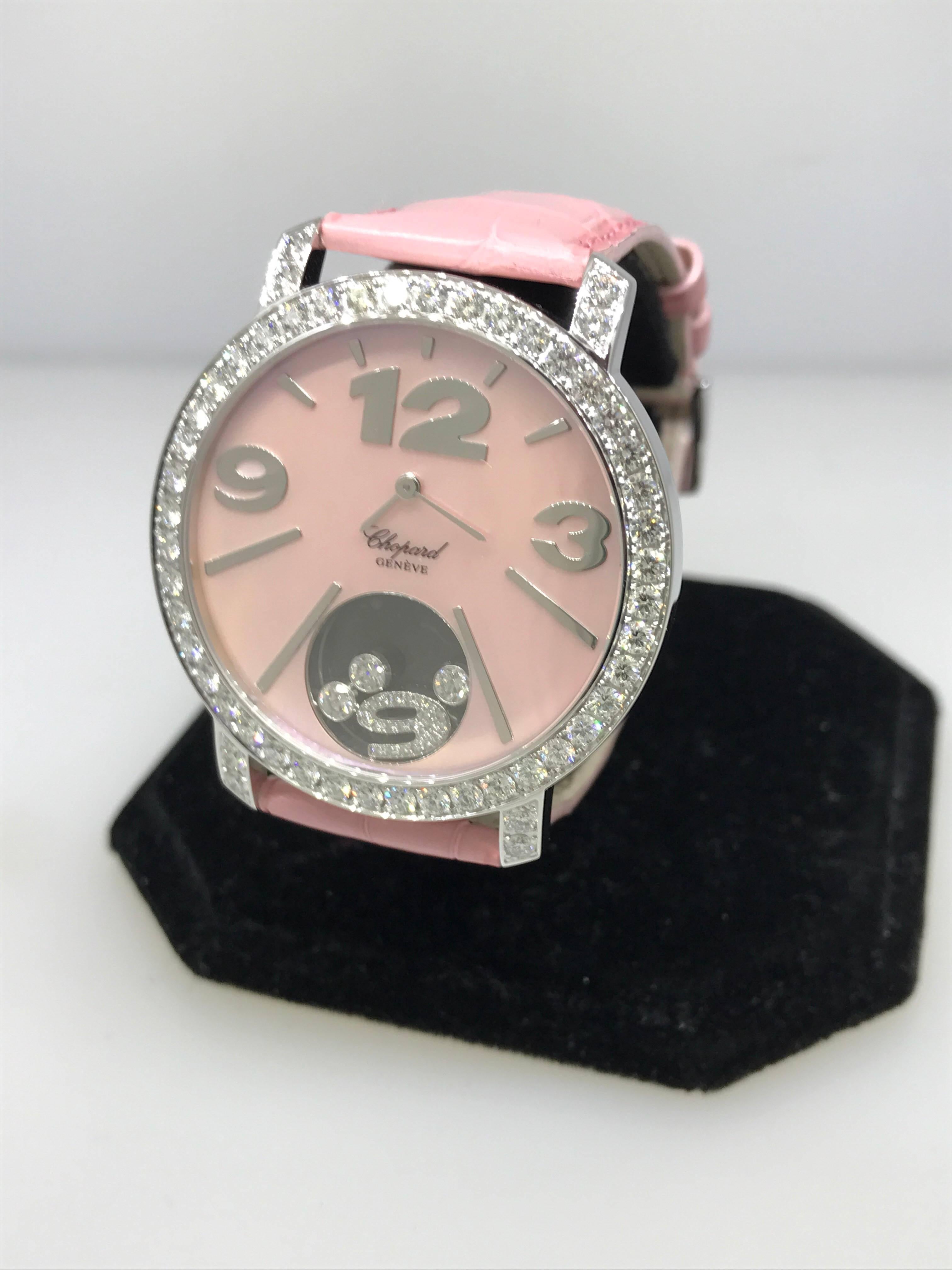 Women's or Men's Chopard Ladies White Gold Diamond Happy Diamonds Pink Bezel Wristwatch For Sale