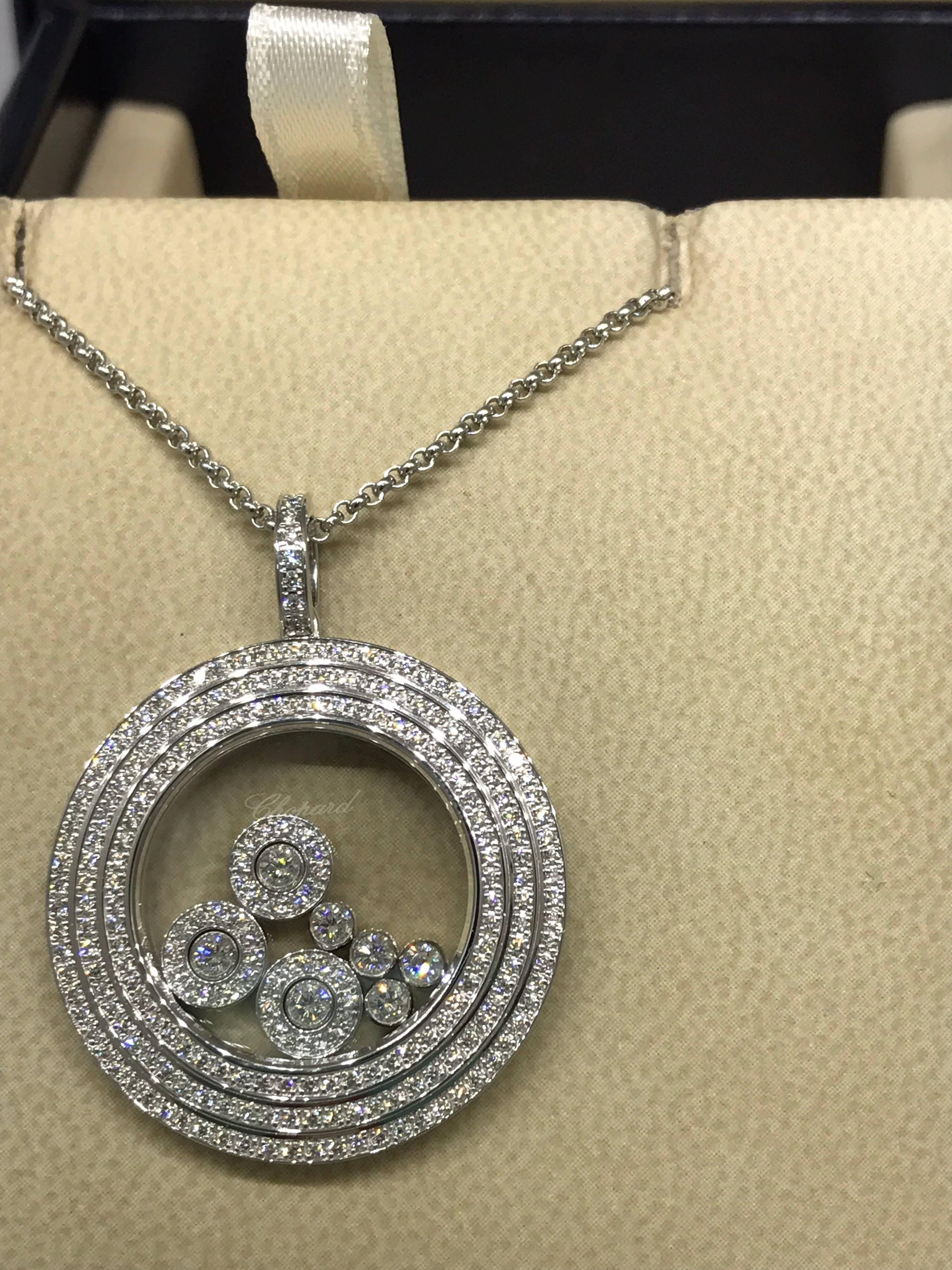 Women's Chopard Happy Diamonds 18 Karat White Gold Round Pendant or Necklace For Sale