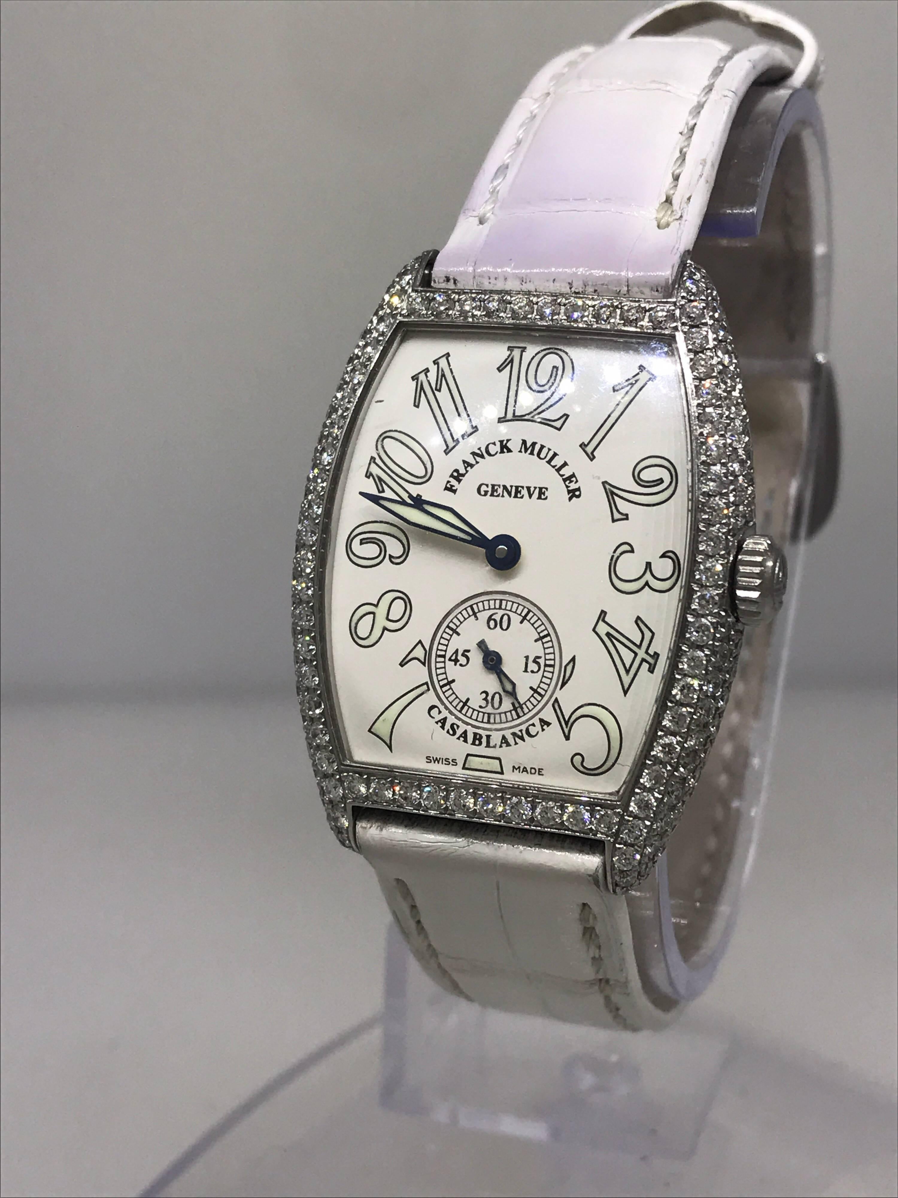 Franck Muller Casablanca Curvex Lady's Watch

Model Number: 7500

100% Authentic

Pre-owned / Excellent condition

Comes with original Franck Muller box and warranty

Stainless Steel Case and buckle

Case and bezel set with diamonds (Diamonds are