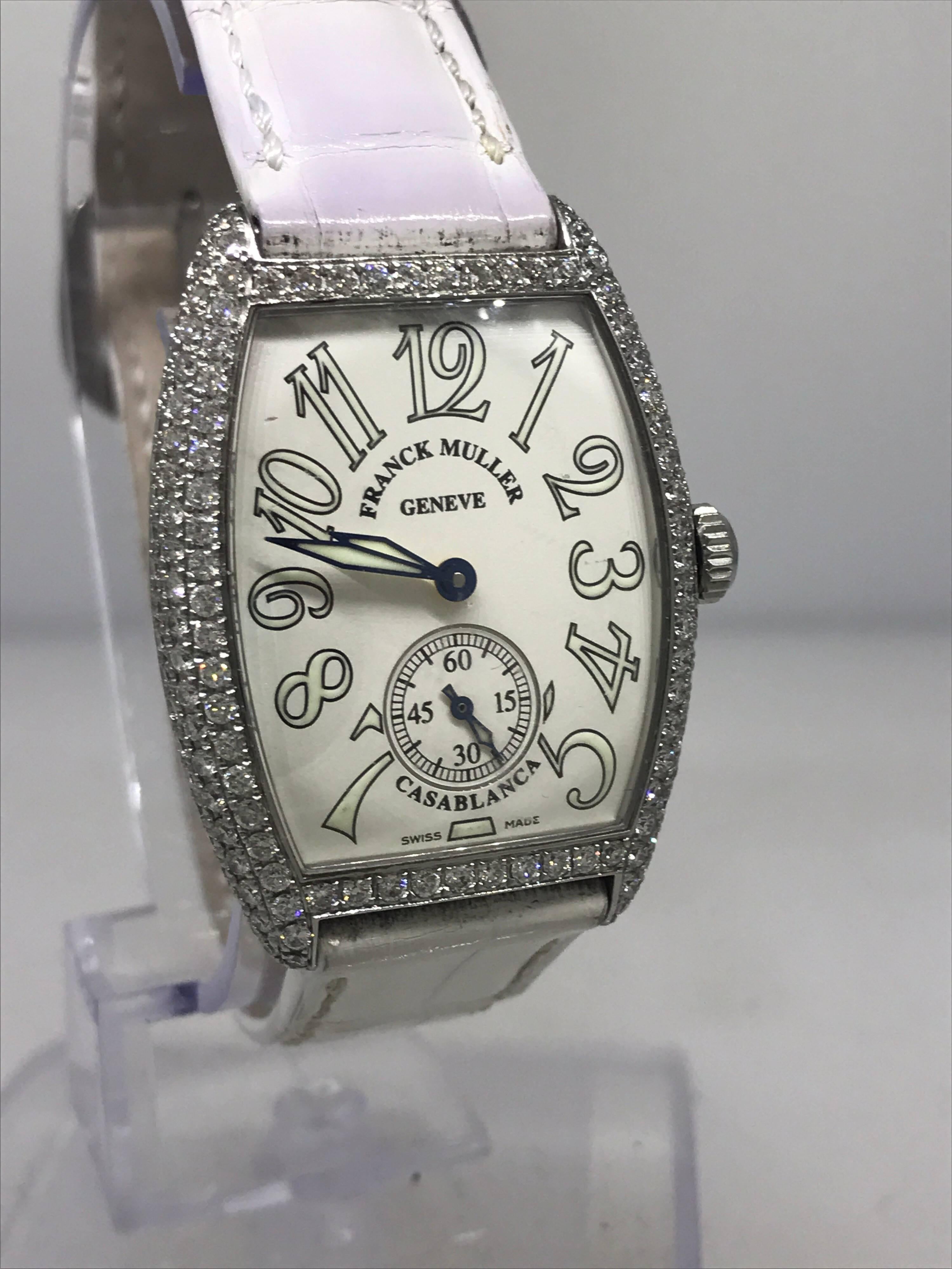 Franck Muller Casablanca Curvex Stainless Steel Diamond Leather Band Ladys Watch In Excellent Condition For Sale In New York, NY