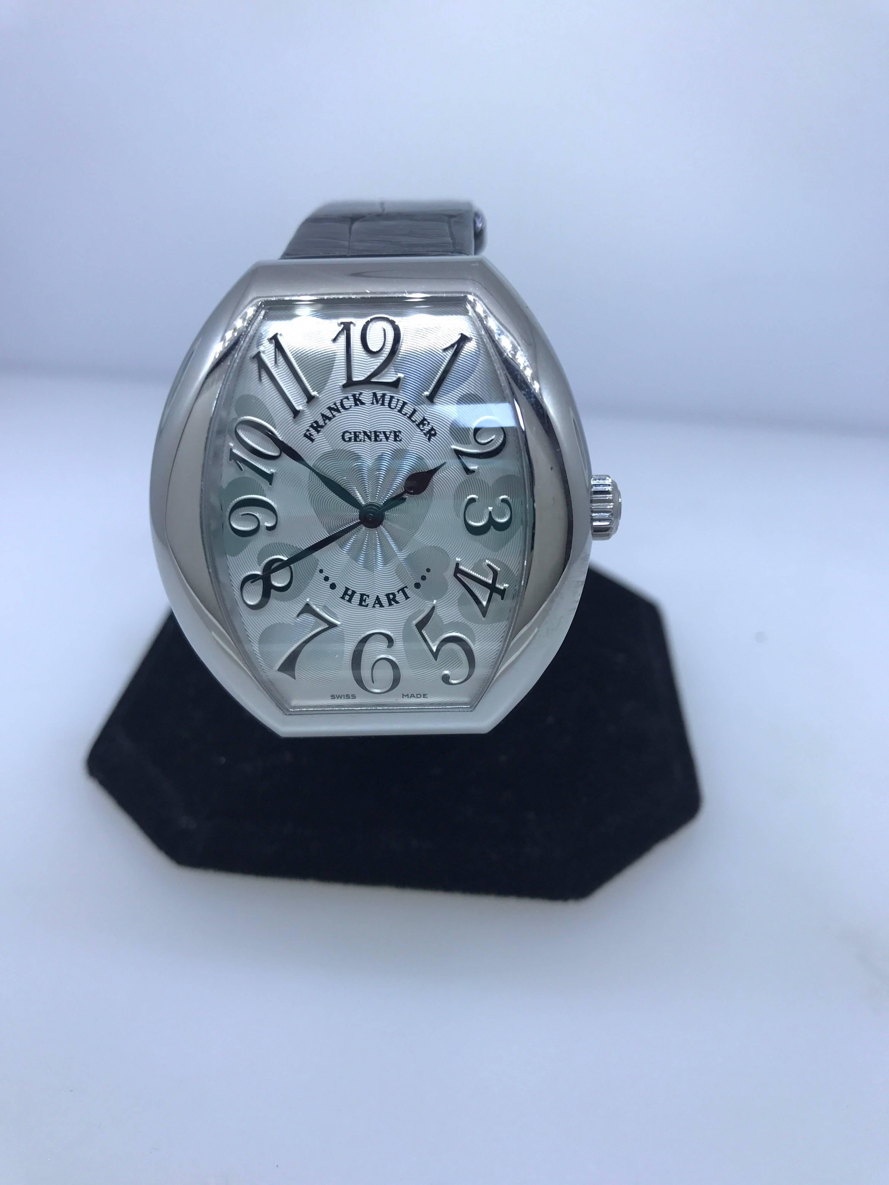 Franck Muller Stainless Steel Silver Heart Motif Dial Leather Band Ladies Watch In Excellent Condition For Sale In New York, NY