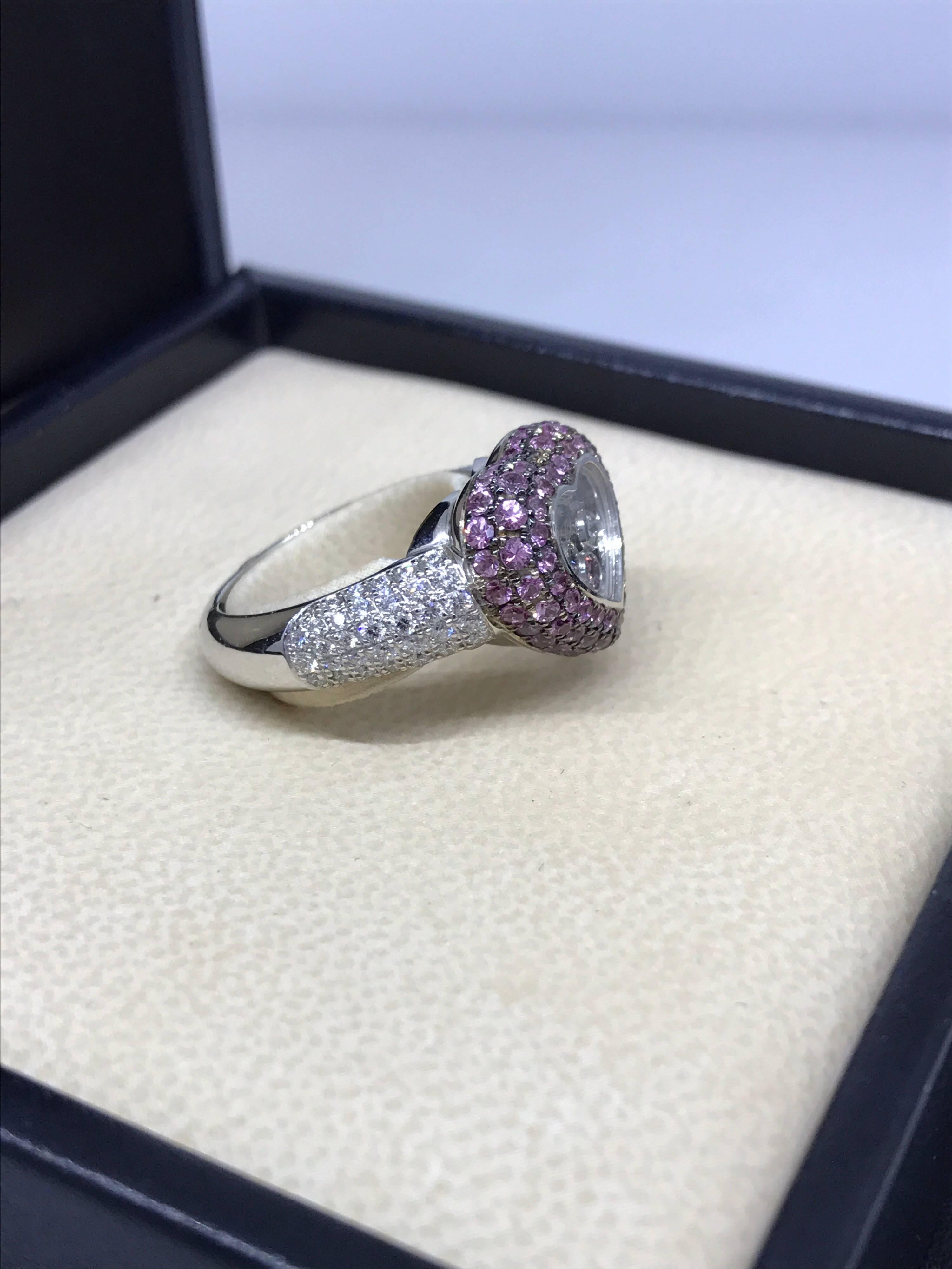 Women's Chopard Happy Diamonds White Gold Diamonds and Pink Sapphires Heart Shape Ring For Sale