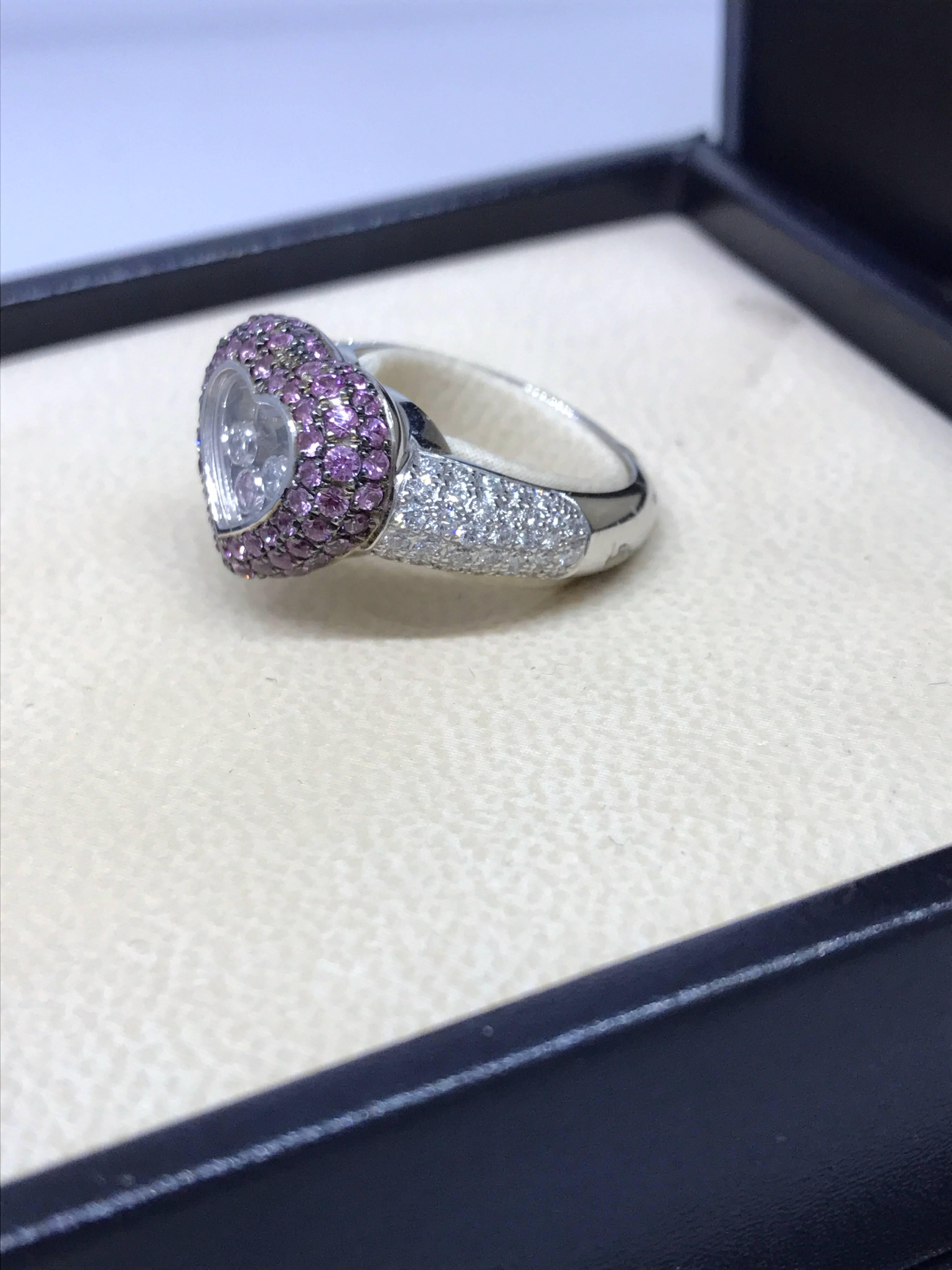 Chopard Happy Diamonds White Gold Diamonds and Pink Sapphires Heart Shape Ring For Sale 1